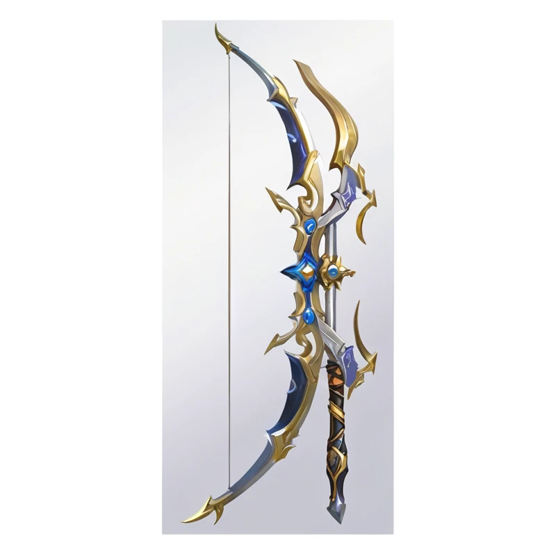 There is a bow and arrows hanging on the pole, magical longbow, longbow, sword, arrowed longbow, Decorative bow, war blade arms, Archer, Handheld Mechanical Bow and Arrow, fantasy arms, polearm sword, warcraft blizzard arms art, arms concept art, armss concept art, Keqing from genshin impact, arms