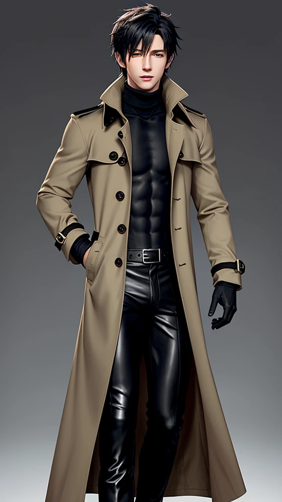Final fantasy taste and reality graphics, Japanese young cute and cool ikemen boy, his age is early 20s, thin eyebrows and beady eyes, he wearing light brown color thick trench coat, with epaulet, , trench coat with belt on the waist, collar fur is black, trench coat cloth the front, also wearing black thick turtleneck lackluster shirts, tight black leather pants, shiny black leather tight and thin glove, black leather knee-high raceup boots,must views head-to-toe,must views whole body, boy looks like fashion model,Do not show skin from the neck down,leather jacket leather glove and leather pants have few wrinkles,boy in the room,