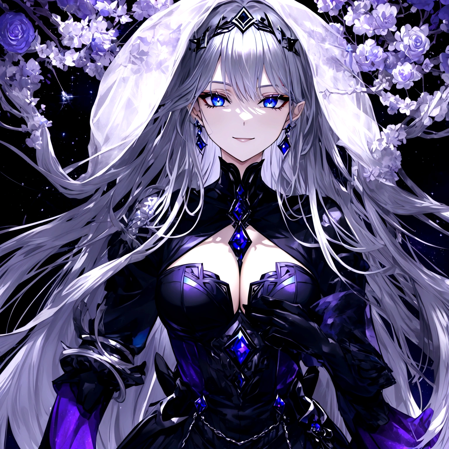 Guy, beautiful facial features, smile, squinted siren dark blue eyes without glare, silver and dark purple long loose hair with straight bang, fantasy black clothes with blue and purple elements, long black gloves, model, gorgeous, elegant, lots of silver jewelry, flowers in his hair