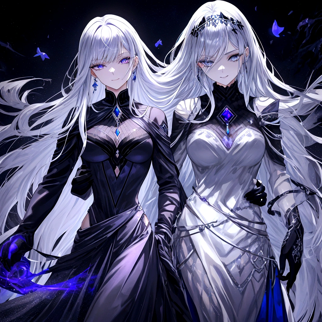 Guy, beautiful facial features, smile, squinted siren dark blue eyes without glare, silver and dark purple long loose hair with straight bang, fantasy black clothes with blue and purple elements, long black gloves, model, gorgeous, elegant, lots of silver jewelry, flowers in his hair