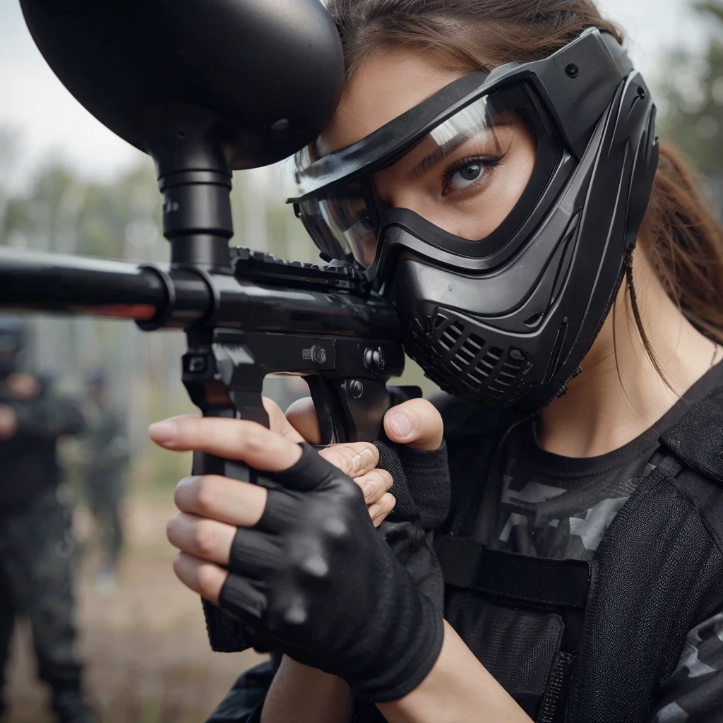 close up image, a woman wearing a black paintball uniform, wearing a goggles, wearing black helmet, holding a marker paintball , the woman is shooting at his enemies in the paintball arena, the blurry background shows the atmosphere of a paintball arena in a field, realistic, cinematic, very detailed, very complex