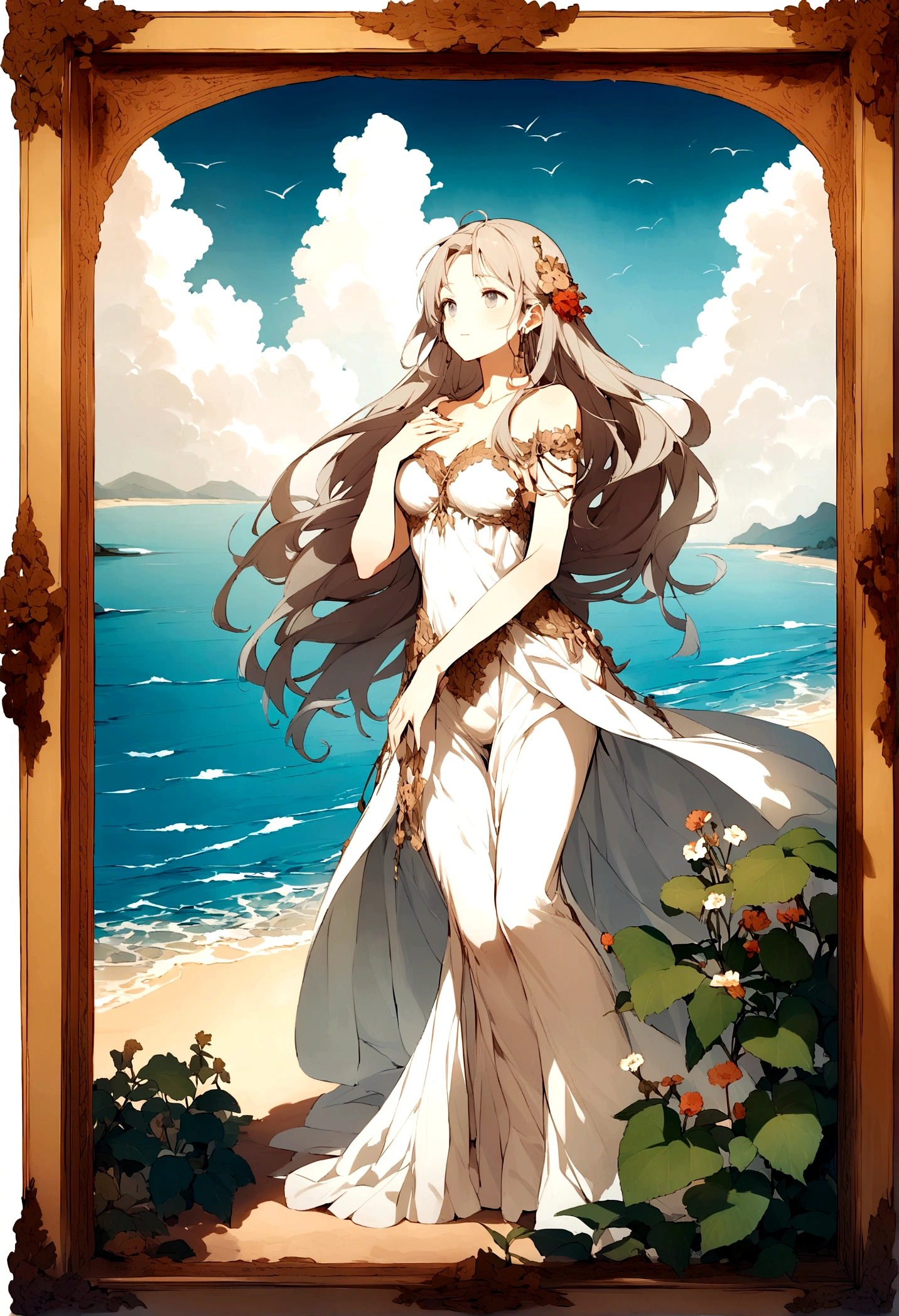 Fig.1:This photo shows the charming scenery of the Silver Beach of the North Sea.。On screen,Silvery white sand glistens in the sunlight,The sparkling sea and blue sky meet in the distance,穏やかで美しい海辺の風景をshape成する。
Figure 2:In this picture,Man standing on the beach,Wear lightweight clothing,Long hair blowing in the wind,Looking out over the vast ocean。The statue is depicted in a meditation pose.,He seems to be thinking about the mysteries of life and nature.。
Figure 3:This illustration uses the double exposure technique,Create stunning visual effects。The figures in the painting overlap with the contours of the seascape.。,現実的でありながら非現実的なイメージをshape成する,Emphasizing the close connection between humans and nature。
Figure 4:In this picture,shape'The body becomes transparent,And Xu々Blending in with the actual seascape。This fusion symbolizes the harmonious coexistence of humans and nature.,Demonstrating the seamless connection between beauty and nature。