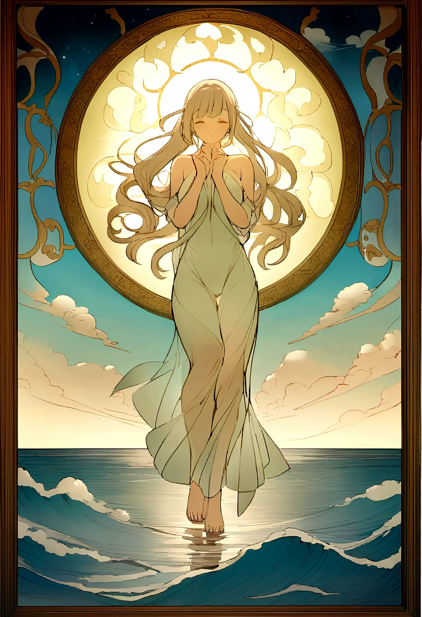 Fig.1:This photo shows the charming scenery of the Silver Beach of the North Sea.。On screen,Silvery white sand glistens in the sunlight,The sparkling sea and blue sky meet in the distance,穏やかで美しい海辺の風景をshape成する。
Figure 2:In this picture,Man standing on the beach,Wear lightweight clothing,Long hair blowing in the wind,Looking out over the vast ocean。The statue is depicted in a meditation pose.,He seems to be thinking about the mysteries of life and nature.。
Figure 3:This illustration uses the double exposure technique,Create stunning visual effects。The figures in the painting overlap with the contours of the seascape.。,現実的でありながら非現実的なイメージをshape成する,Emphasizing the close connection between humans and nature。
Figure 4:In this picture,shape'The body becomes transparent,And Xu々Blending in with the actual seascape。This fusion symbolizes the harmonious coexistence of humans and nature.,Demonstrating the seamless connection between beauty and nature。