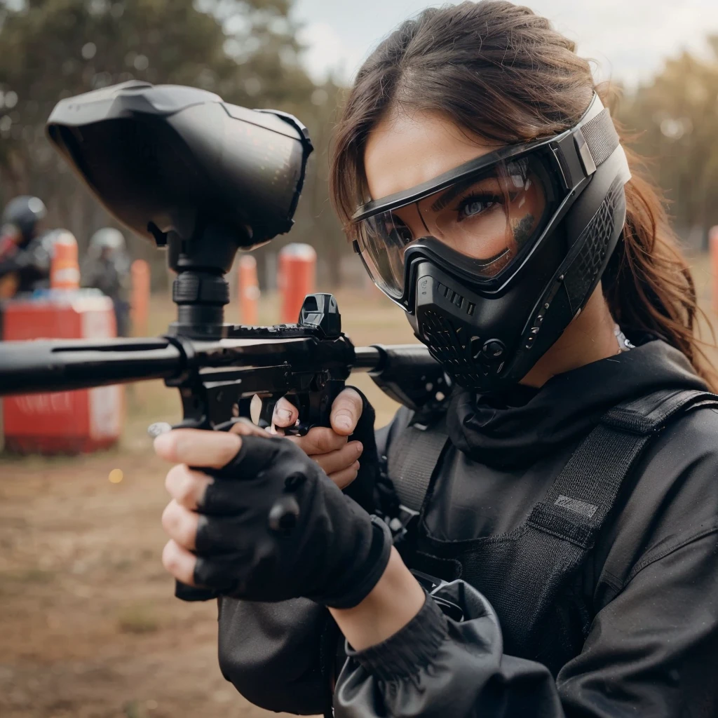 close up image, a woman wearing a black paintball uniform, wearing a goggles, wearing black helmet, holding a marker paintball , the woman is shooting at his enemies in the paintball arena, the blurry background shows the atmosphere of a paintball arena in a field, realistic, cinematic, very detailed, very complex
