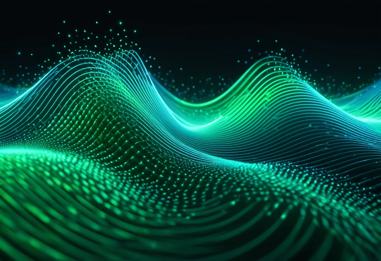 a blue and green abstract background with glow lines, digital art inspired by Mike Winkelmann, shutter stock, digital art, particle waves, waves and particles, colored light waves, Electric aura with particles, 4 ก. 8 g, 4K  8K, การรบกวนของfractal waves, futuristic background, Interact with flowing lines, abstract smoke neon, fractal waves, glow lines