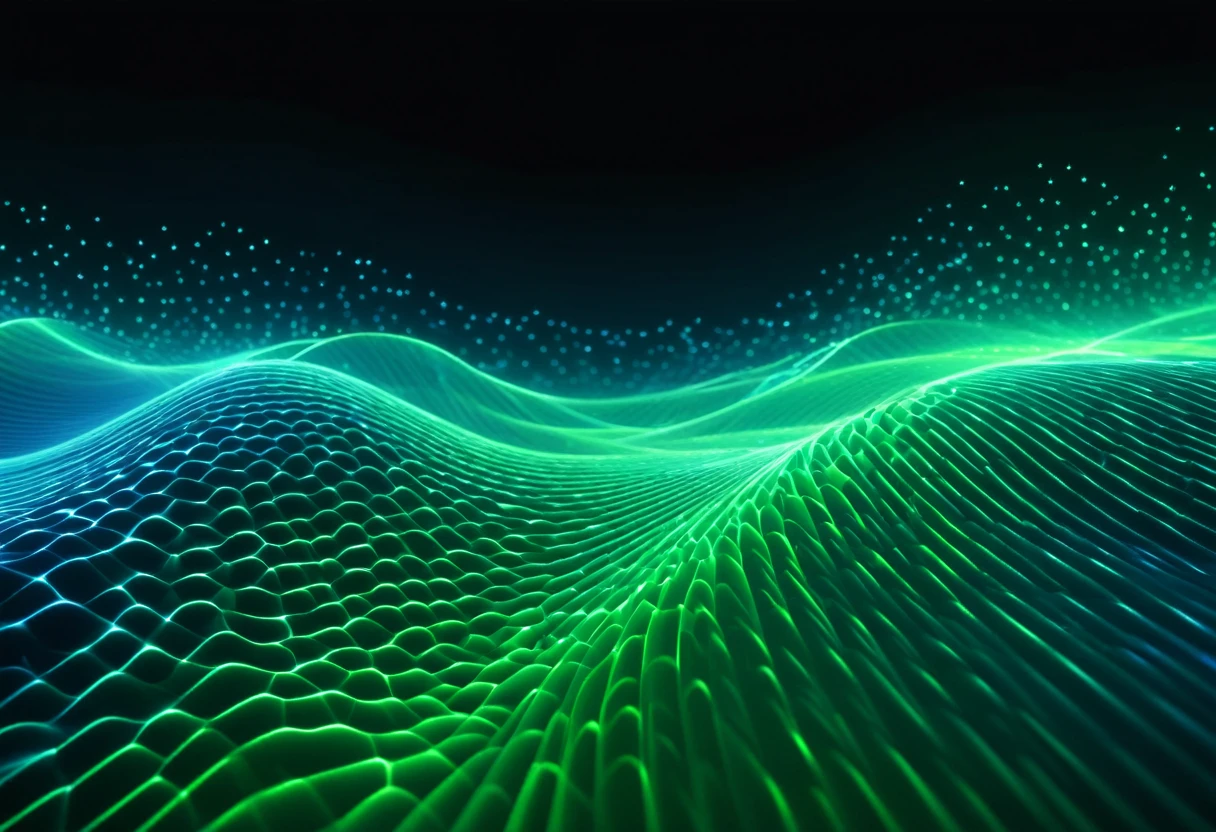 a blue and green abstract background with glow lines, digital art inspired by Mike Winkelmann, shutter stock, digital art, particle waves, waves and particles, colored light waves, Electric aura with particles, 4 ก. 8 g, 4K 8K, การรบกวนของfractal waves, futuristic background, Interact with flowing lines, abstract smoke neon, fractal waves, glow lines
