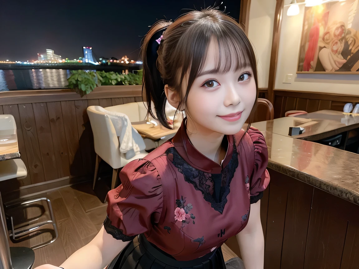 (Highest quality, masterpiece, Ultra-high resolution, 8K, RAW Photos, Realistic, Anatomically correct:1.5), 20-year-old girl:1.2, Embarrassing, avert your eyes, blush:1.0, View Viewer, ((bar)) 、Night view、 Light:1.2, Bokeh, Cinema Lighting:1.0, Depth of written boundary, sharp、 Cute face、Idol、Wine red short sleeve lace top、Black pleated skirt、wine colored clothes、”dwarf”、(Floral clothes)、(Full Body Shot)、Side angle、Cowboy Shot、 smile、(Ultra short hair、Short ponytail)、(Straight bangs)、((See-through))、(( One Girl))、Waist、I can see your thighs、