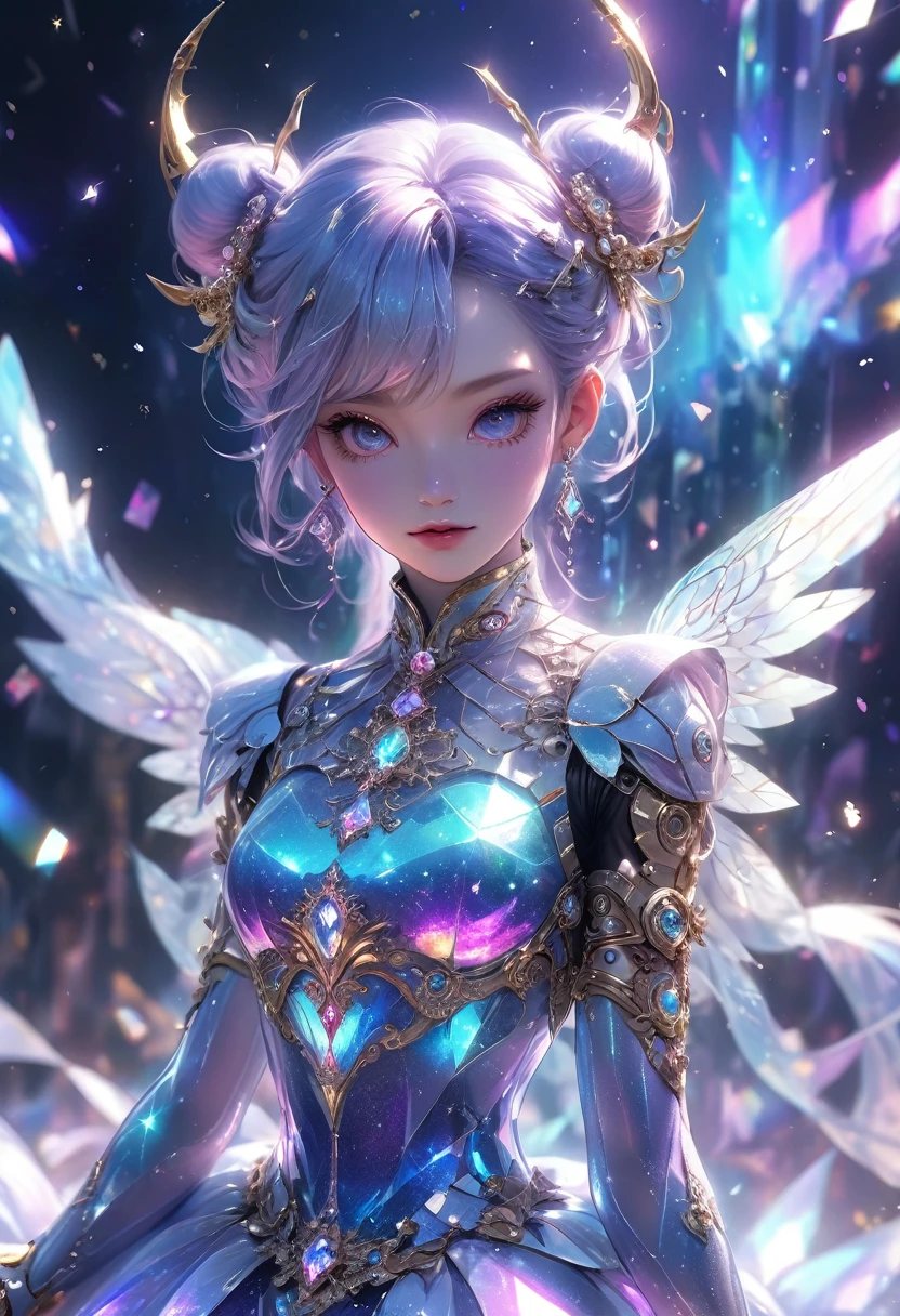 crystal covered, (Full body :1.3), alternate color, masterpiece, detailed illustration, realistic, pixiv top quality, exquisite, {{{kawaii 1girl}}}, ultra beauties who fuse with machines, glitter beautiful female, Half of my body is made of machines, cinematic lighting, dynamic angle, dynamic pose, crystal world, depth of field,Shiny socks,Crystal stockings,Crystal high heels