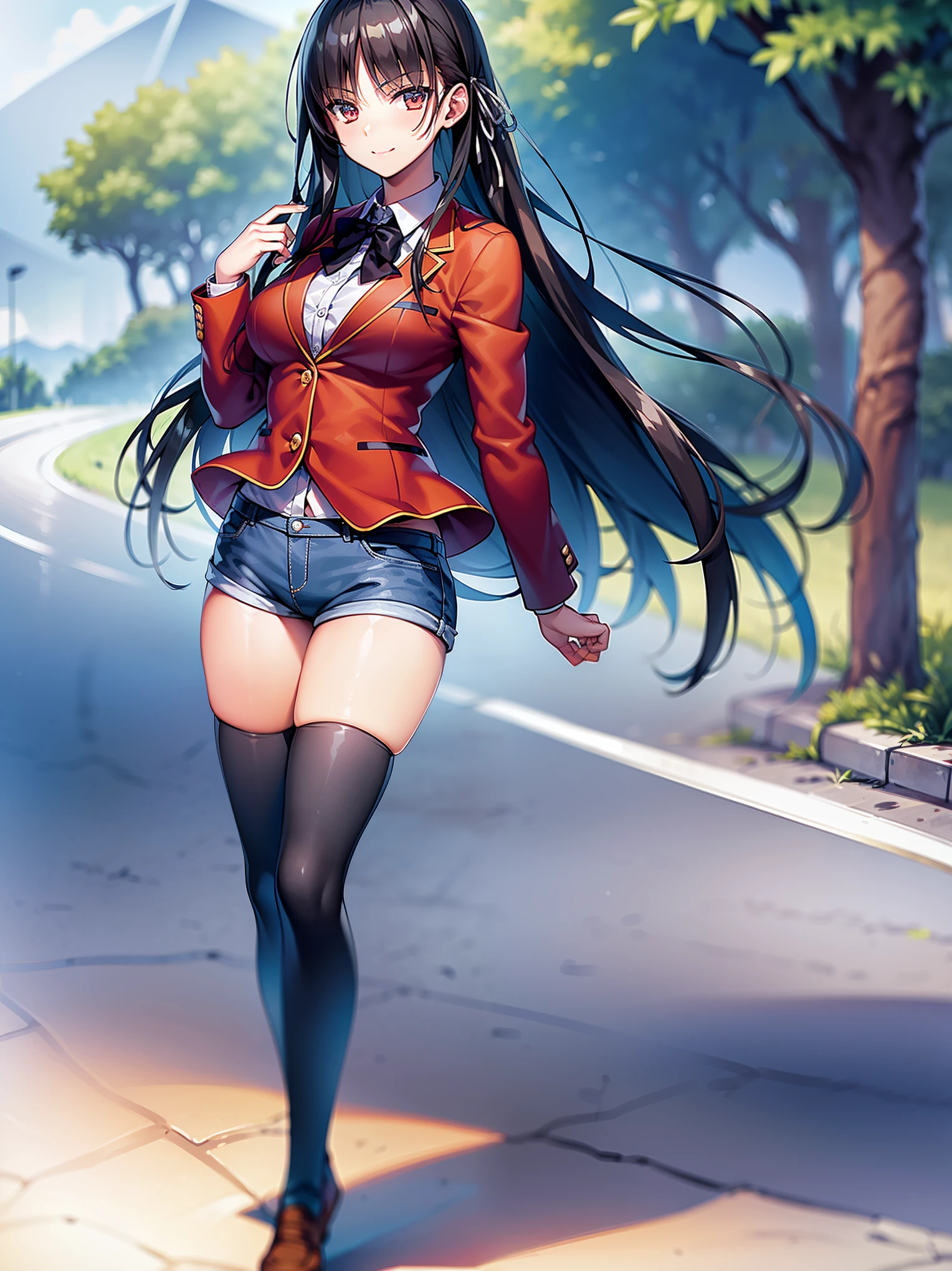 (8K, Highest quality, Highest quality, masterpiece), standing, 1girl, fullbody, solo, cowboy shot, aasuzune, long hair, black hair, hair loose in the wind, leafs in the air, (summer ambient), mini top, black thighhighs, smile, Denim short shorts, school, outdoors, large breasts, cleavage