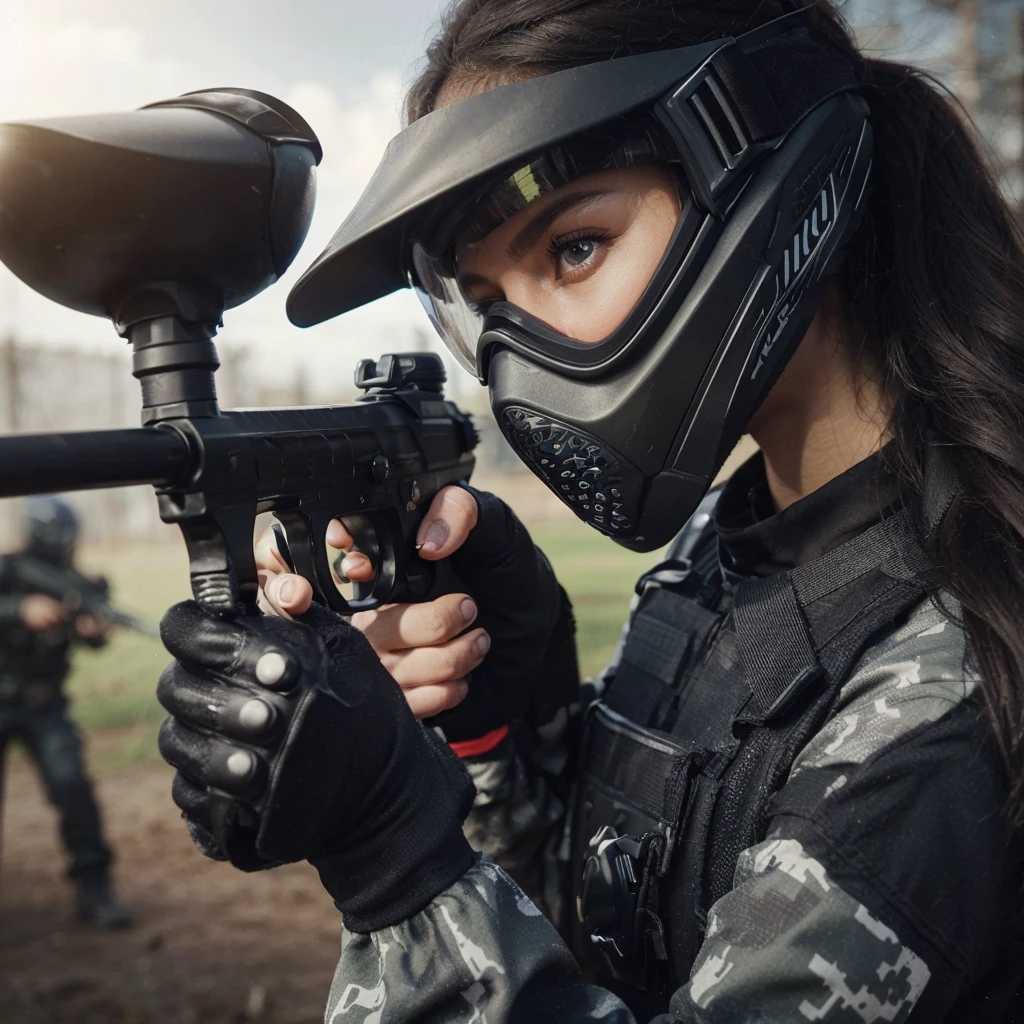 close up image, a woman wearing a black paintball uniform, wearing a goggles, wearing black helmet, holding a marker paintball , the woman is shooting at his enemies in the paintball arena, the blurry background shows the atmosphere of a paintball arena in a field, realistic, cinematic, very detailed, very complex