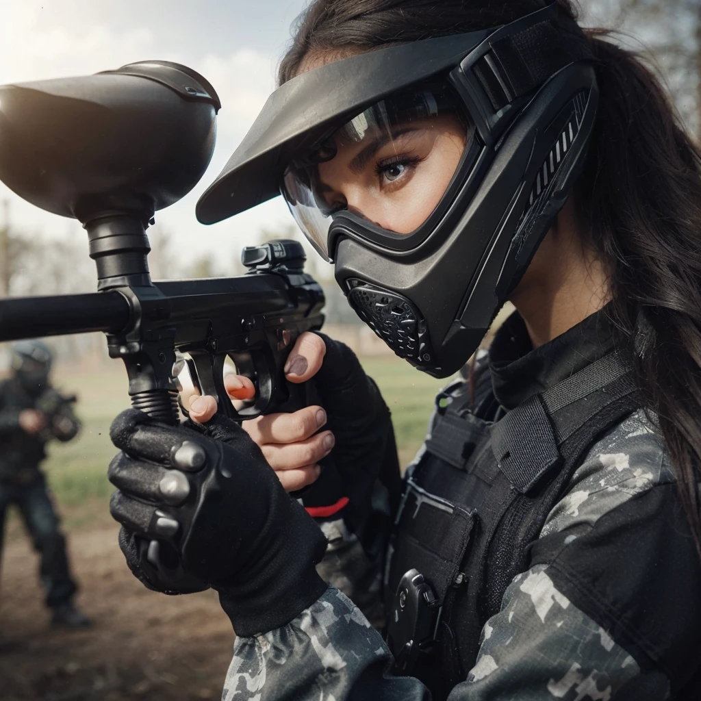 close up image, a woman wearing a black paintball uniform, wearing a goggles, wearing black helmet, holding a marker paintball , the woman is shooting at his enemies in the paintball arena, the blurry background shows the atmosphere of a paintball arena in a field, realistic, cinematic, very detailed, very complex