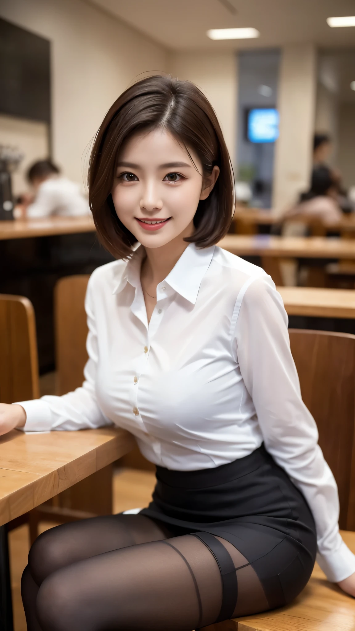 (8K, Highest quality, masterpiece:1.2), (Actual, Realistic:1.37), Very detailed,
1 Girl,Lovely, alone,Beautiful and detailed sky,Cafe details,Sitting,abolition,(smile:1.15),(Please keep your mouth shut) Small breasts,Beautiful and delicate eyes,(Collared shirt:1.1), White shirt, Pleated skirt,black领,black,White lace, Beautiful legs,(super Realistic pantyhose:1.3), Buttons suddenly open
(Short Hair Details:1.2),Flowing Hair ,New frog style,,White skin,Light,Bedroom,Bedridden