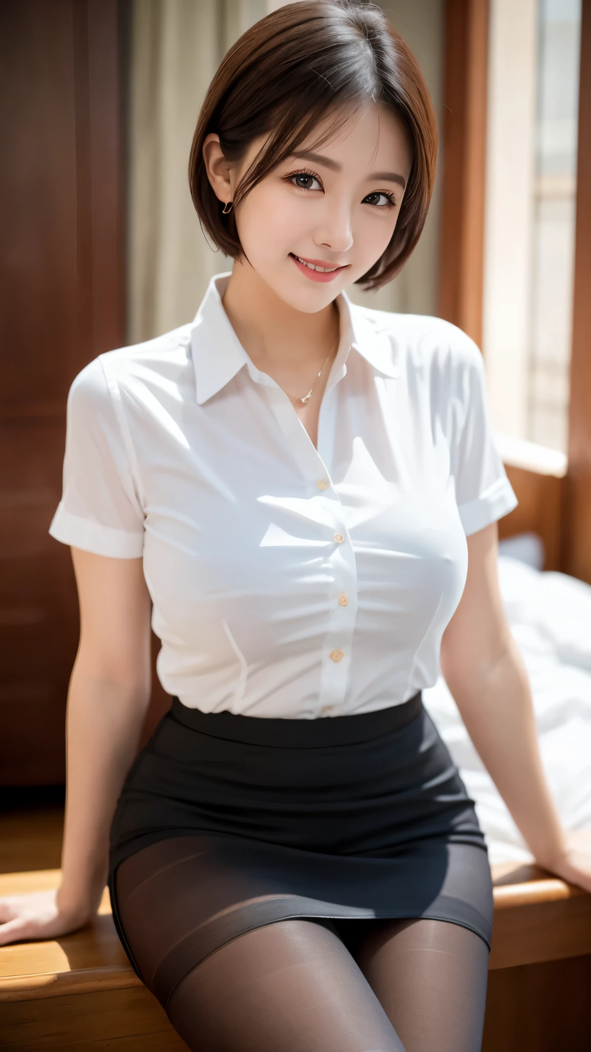 (8K, Highest quality, masterpiece:1.2), (Actual, Realistic:1.37), Very detailed,
1 Girl,Lovely, alone,Beautiful and detailed sky,Cafe details,Sitting,abolition,(smile:1.15),(Please keep your mouth shut) Small breasts,Beautiful and delicate eyes,(Collared shirt:1.1), White shirt, Pleated skirt,black领,black,White lace, Beautiful legs,(super Realistic pantyhose:1.3), Buttons suddenly open
(Short Hair Details:1.2),Flowing Hair ,New frog style,,White skin,Light,Bedroom,Bedridden
