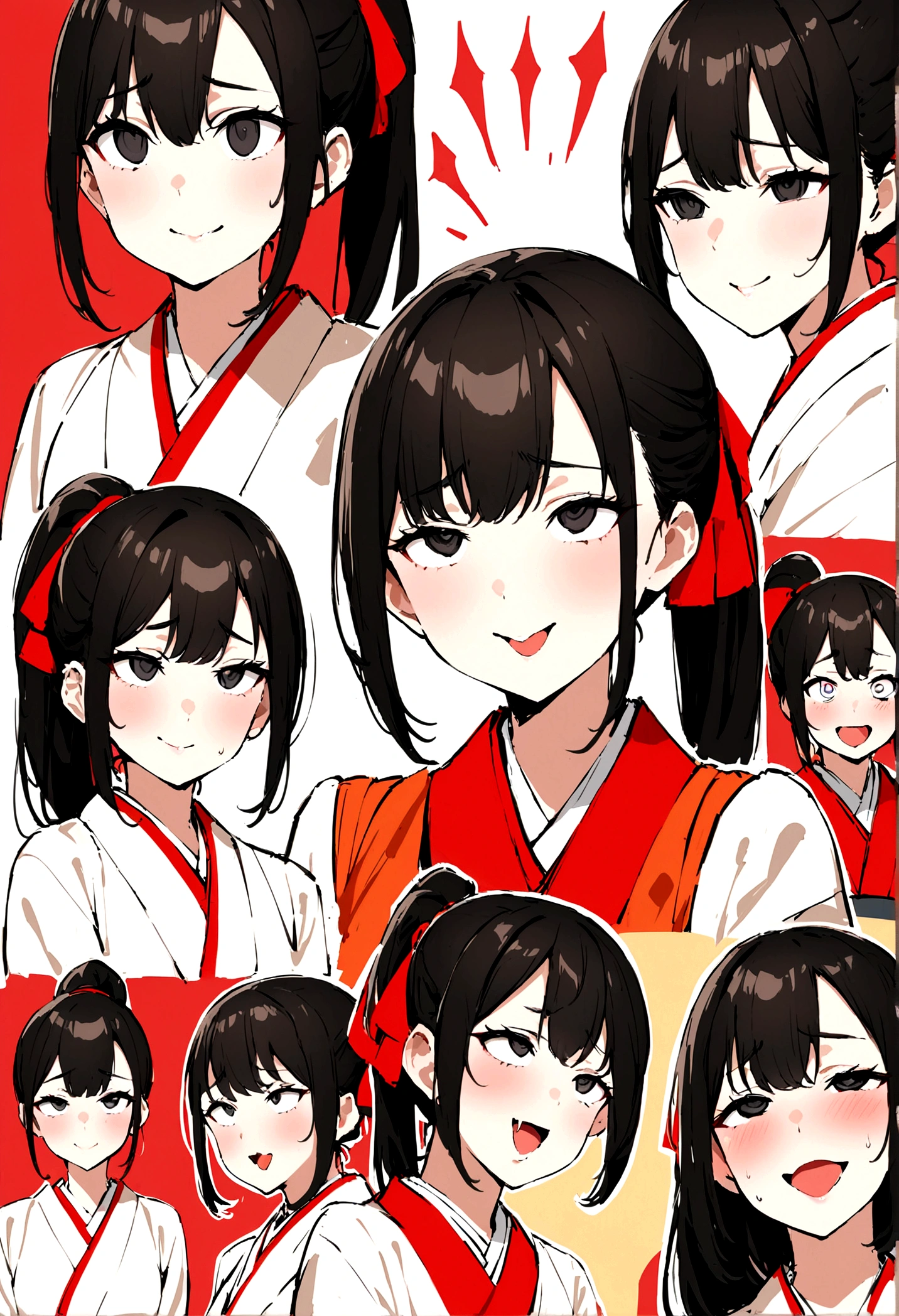 Beautiful young woman. With black eyes、She has smooth black hair that reaches down to her shoulders.. hair is in a ponytail, Tie the top with a small red ribbon. He has a kind expression and a warm smile.. Make your eyes and expressions cool. drooping eyes. She is wearing a traditional Japanese kimono featuring a red and white color scheme.. Small breasts. The background image is a Japanese landscape with a shrine.. new year.new year. The background image is a Chinese landscape with a shrine、ahegao、orgasm