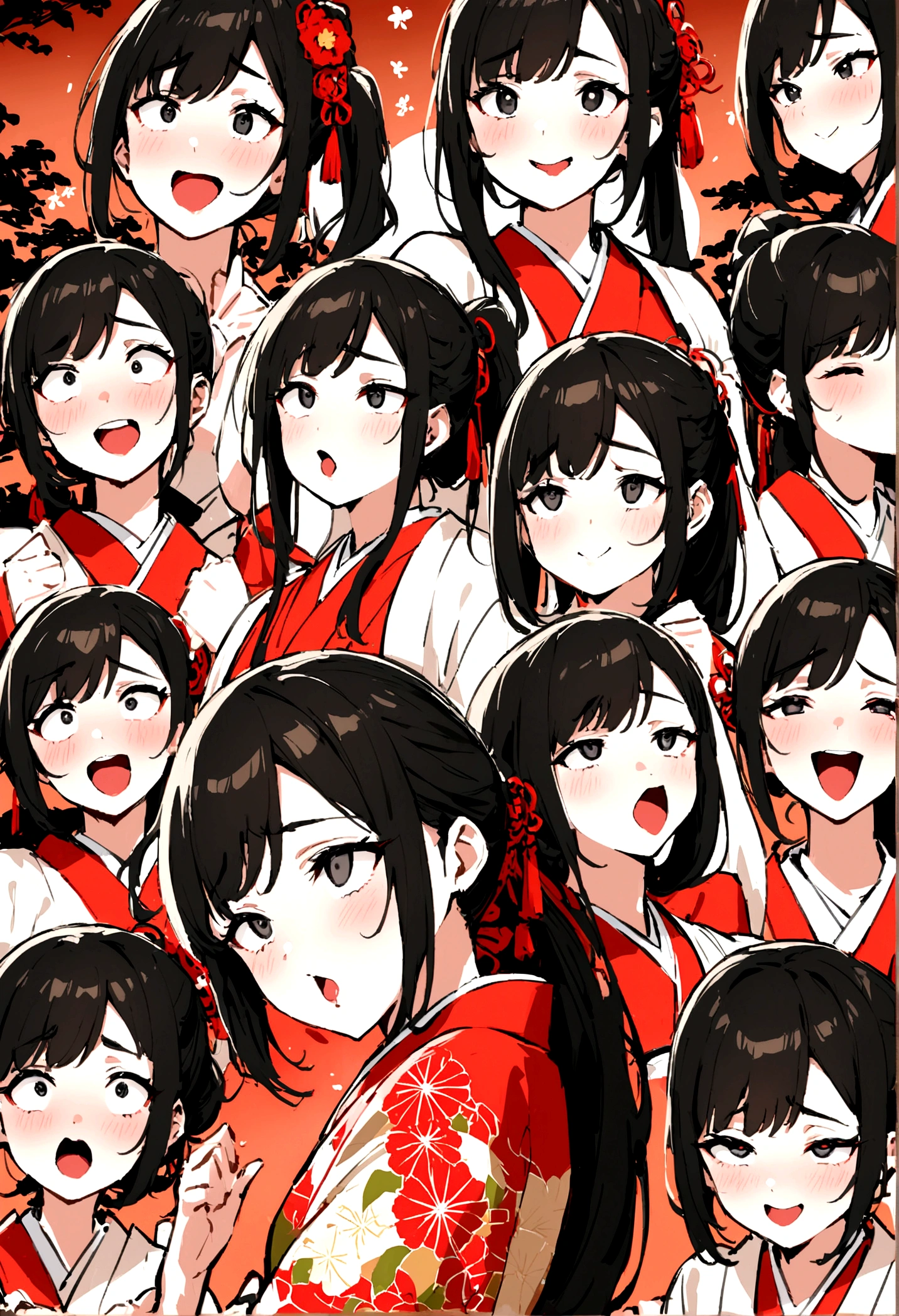 Beautiful young woman. With black eyes、She has smooth black hair that reaches down to her shoulders.. hair is in a ponytail, Tie the top with a small red ribbon. He has a kind expression and a warm smile.. Make your eyes and expressions cool. drooping eyes. She is wearing a traditional Japanese kimono featuring a red and white color scheme.. Small breasts. The background image is a Japanese landscape with a shrine.. new year.new year. The background image is a Chinese landscape with a shrine、ahegao、orgasm