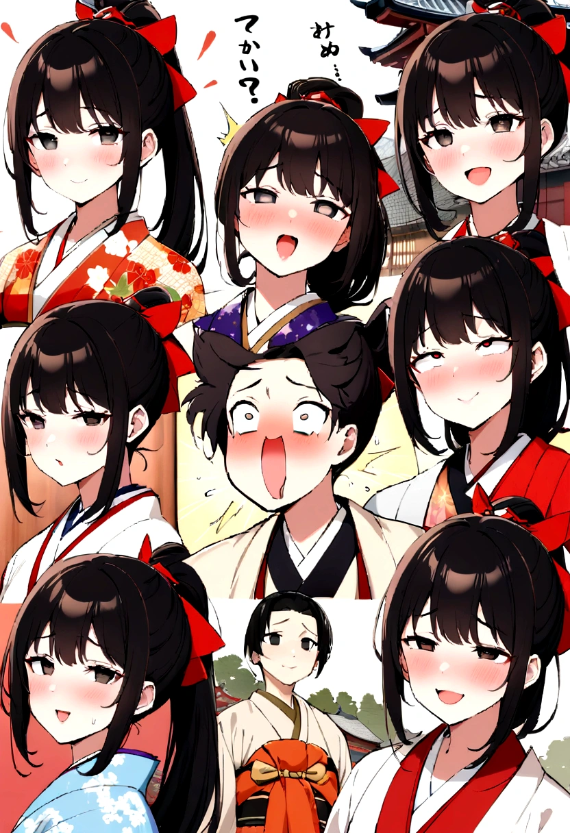 Beautiful young woman. With black eyes、She has smooth black hair that reaches down to her shoulders.. hair is in a ponytail, Tie the top with a small red ribbon. He has a kind expression and a warm smile.. Make your eyes and expressions cool. drooping eyes. She is wearing a traditional Japanese kimono featuring a red and white color scheme.. Small breasts. The background image is a Japanese landscape with a shrine.. new year.new year. The background image is a Chinese landscape with a shrine、ahegao、orgasm