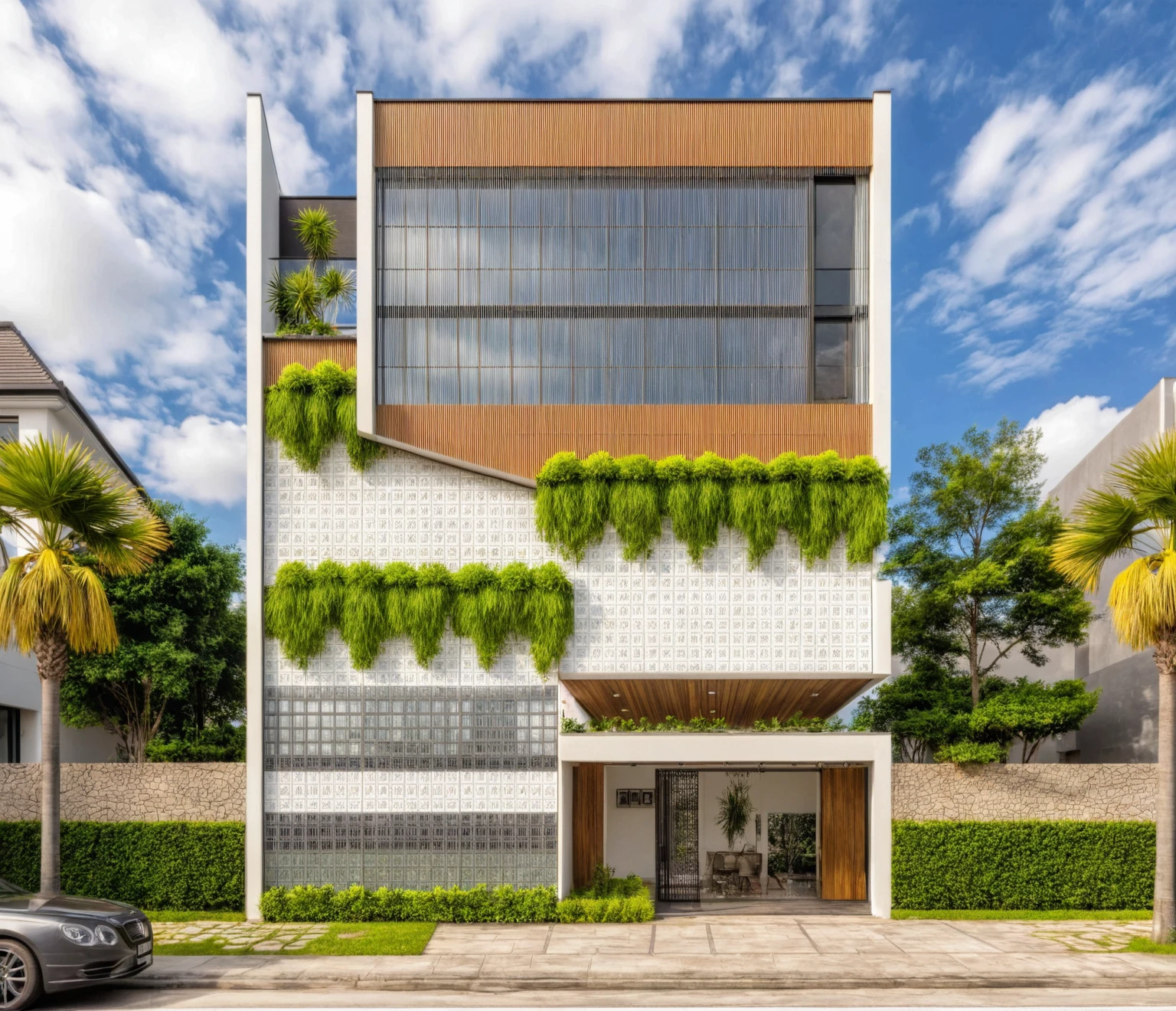 Masterpiece, high quality, best quality, authentic, super detail, outdoors, house style modern,bietthuhn, white wall, glass windows, gate road,pavement, grass, trees,blue sky, cloud, (day:1.1), realistic lighting