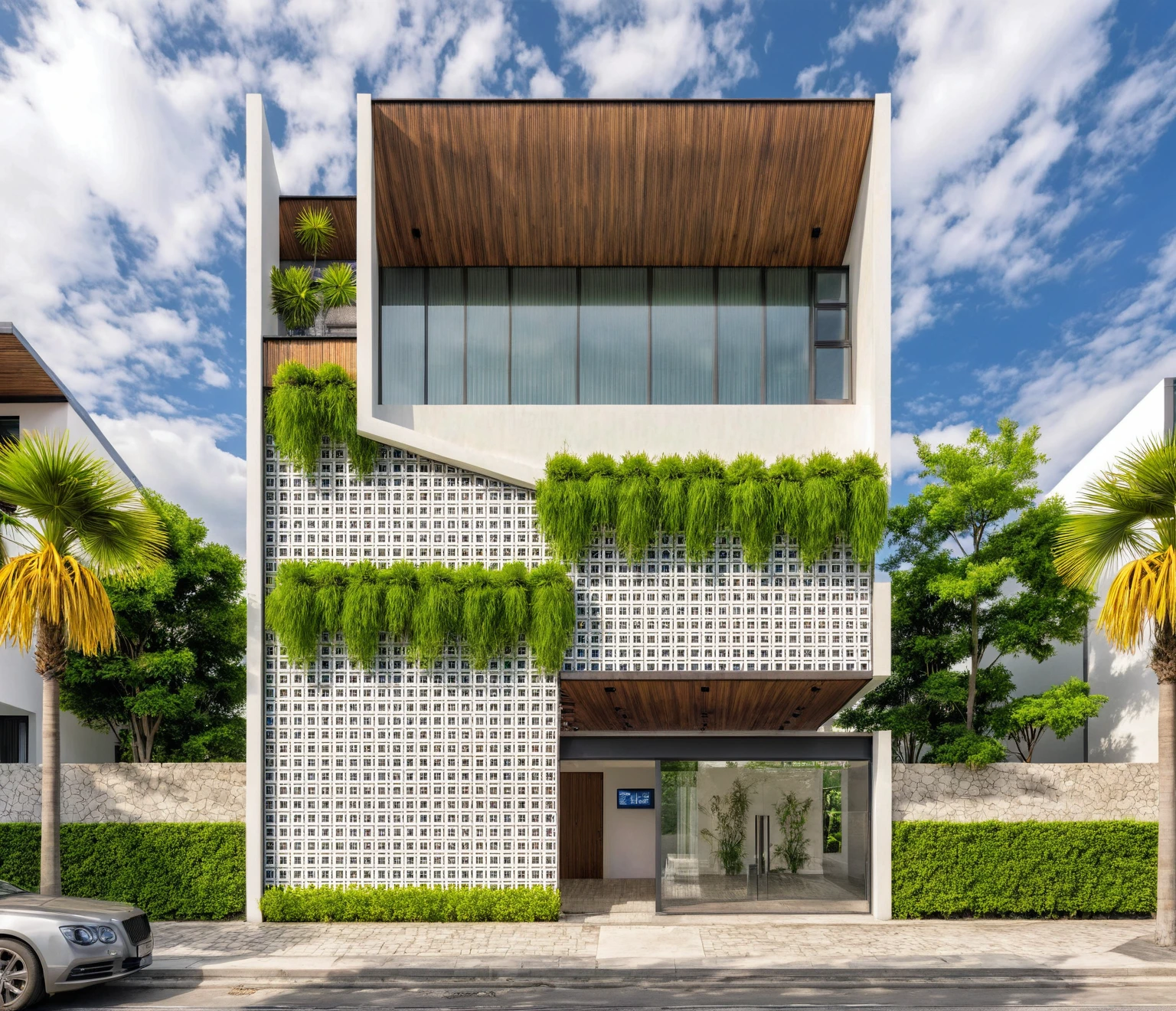 Masterpiece, high quality, best quality, authentic, super detail, outdoors, house style modern,bietthuhn, white wall, glass windows, gate road,pavement, grass, trees,blue sky, cloud, (day:1.1), realistic lighting