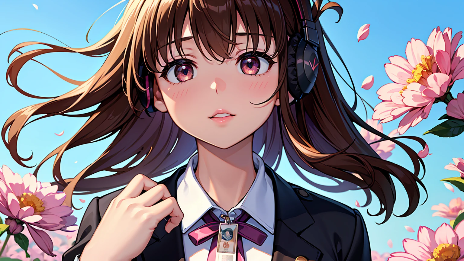 masterpiece、high resolution 8k、NSFW、sharp focus、contrast lighting、fine skin、muste piece、 highest quality、Ultra - High resolution、Super high resolution、Highly detailed CG、A young girl , wearing headphones, is standing among a field of pink flowers. The headphones have a black band and red accents. The girl's hair is swept back by the wind, and she is looking off to the side, away from the camera、beautiful eyes、(Detailed face and iace:1 2)、narrow eyes、almond eye、Black pupil、eye gradation eye highlight:1.2)、(light reddish brown hair、middle、asymmetrical bangs)、(ID card、Blazer for office wear shortage、white cutter shirt、black pencil skirt、pumps)、(plump lips、gross、glossy lips、small breast size) 、(oval face : 1.4)、(thin fingers、fine arms、detailed human hand)、laughter half open、teeth visible