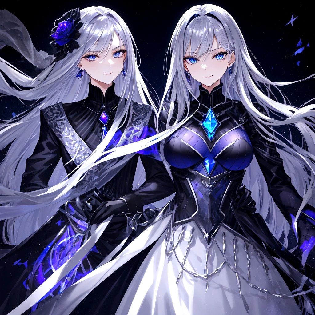 Guy, beautiful facial features, smile, squinted siren dark blue eyes without glare, silver and dark purple long loose hair with straight bang, fantasy black clothes with blue and purple elements, long black gloves, model, gorgeous, elegant, lots of silver jewelry, flowers in his hair
