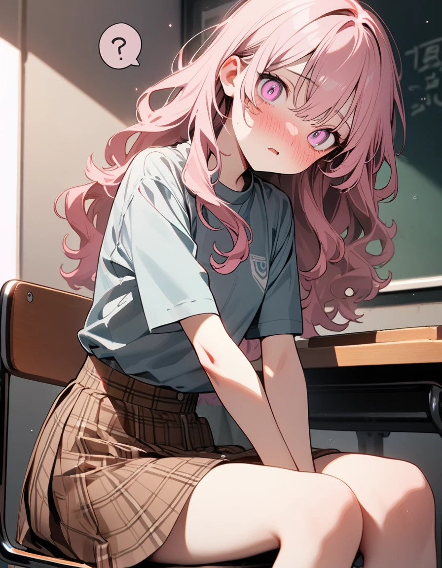 (8K, best quality, master piece: 1.2),madeon,super high resolution,1 cute girl,solo,16yo,ultra-detailed face,detailed eyes,pink eyes,upturned eyes,Sitting in a chair,(head tilt),fold-arms,spoken question mark,wavy hair,Long hair,Smoky pink hair,, ,short sleeve shirt,Brown skirt in plaid skirt,リボンタイ,shocked,nose blush,There is a study desk in front of the girl,rim light,blackboard in front,indoors coaching school