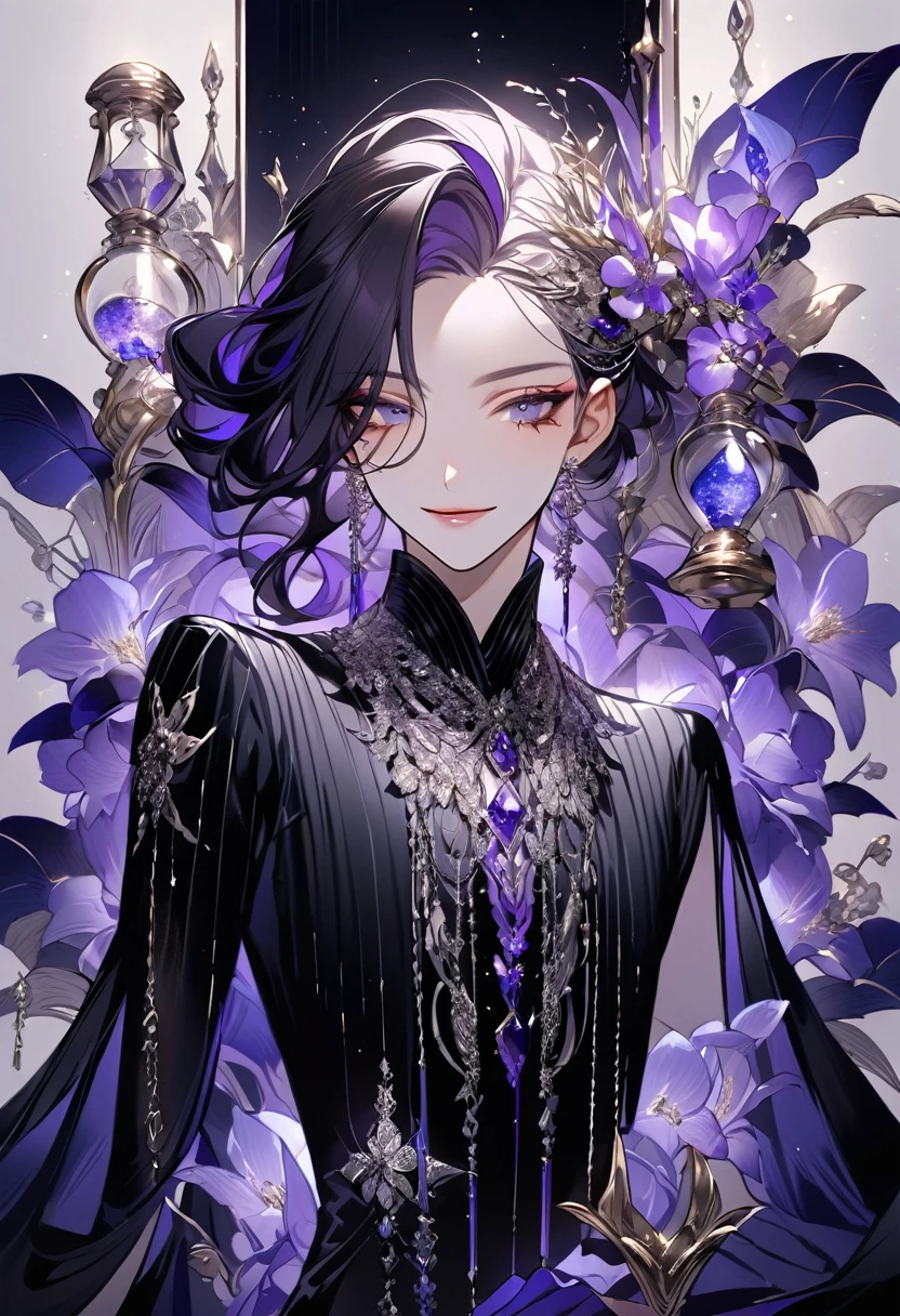 Feminine boy, soft womanish facial features, smile, squinted siren dark blue eyes without glare, silver and dark purple long loose hair with straight bang, fantasy black clothes with blue and purple elements, long black gloves, model, gorgeous, elegant, lots of silver jewelry, flowers in his hair, skinny body, hourglass figure, light lipstick