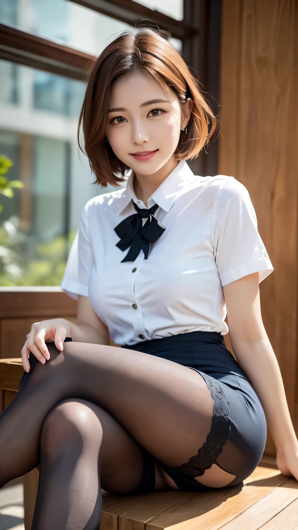 (8K, Highest quality, masterpiece:1.2), (Actual, Realistic:1.37), Very detailed,
1 Girl,Lovely, alone,Beautiful and detailed sky,Cafe details,Sitting,abolition,(smile:1.15),(Please keep your mouth shut) Small breasts,Beautiful and delicate eyes,(Collared shirt:1.1), White shirt, Pleated skirt,black领,black,White lace, Beautiful legs,(super Realistic pantyhose:1.3), Buttons suddenly open
(Short Hair Details:1.2),Flowing Hair ,New frog style,,White skin,Light,Bedroom,Bedridden