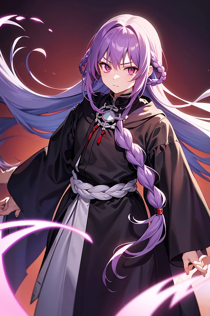 Purple Hair、Red eyes、White background、Anime characters、Knot、Braid、A man wearing a black robe、A young man with a determined look、Man standing facing forward、juvenile,