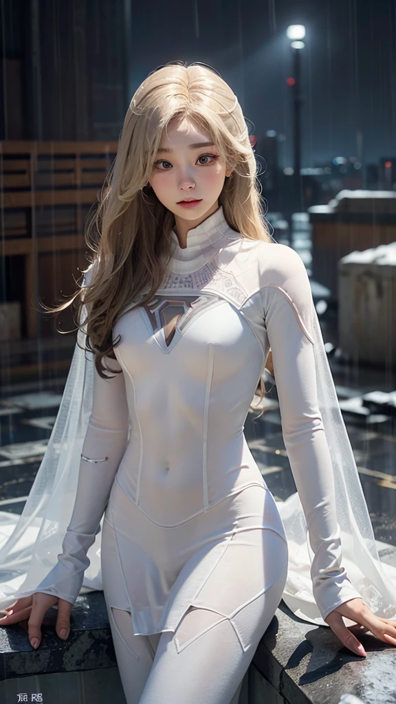 18 yo girl, white spider man suit,gray  long curly hair, blonde, beautiful face, rain, roof, masterpiece, intricate detail, perfect anatomy