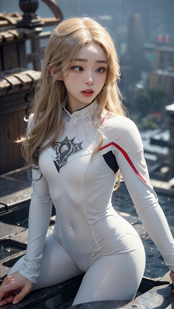 18 yo girl, white spider man suit,gray long curly hair, blonde, beautiful face, rain, roof, masterpiece, intricate detail, perfect anatomy