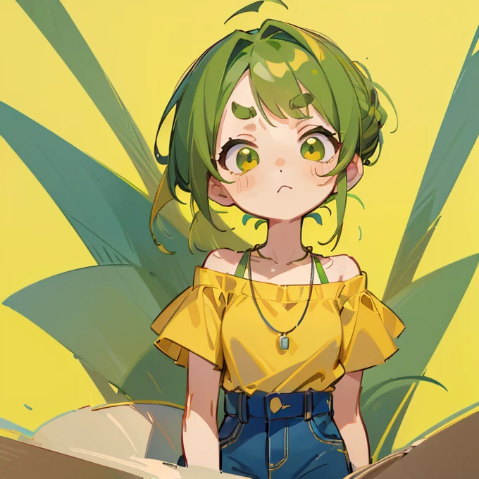 (masterpiece, Highest quality:1.2), (2 head body chibi character:1.1), Yellow-green hair, Chignon Hair, Top of the head, Yellow-green eyes, Half-open eyes, Yellow off-shoulder blouse, Denim shorts, Short bangs, Thick eyebrows, Round necklace, A gentle atmosphere, Dissatisfied face, View your viewers, (Photo studio with blue background:1.0)