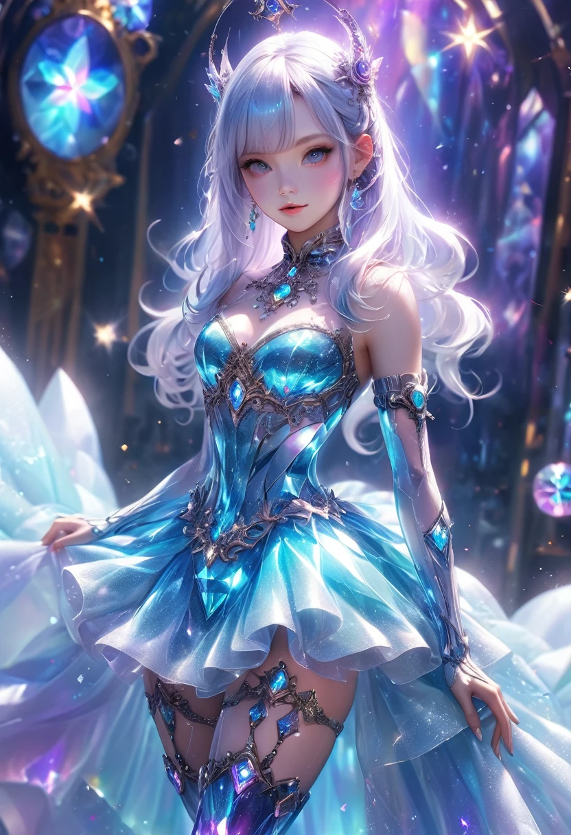 crystal covered, (Full body :1.3), alternate color, masterpiece, detailed illustration, realistic, pixiv top quality, exquisite, {{{kawaii 1girl}}}, ultra beauties who fuse with machines, glitter beautiful female, Half of my body is made of machines, cinematic lighting, dynamic angle, dynamic pose, crystal world, depth of field,Shiny socks,Crystal stockings,Crystal high heels