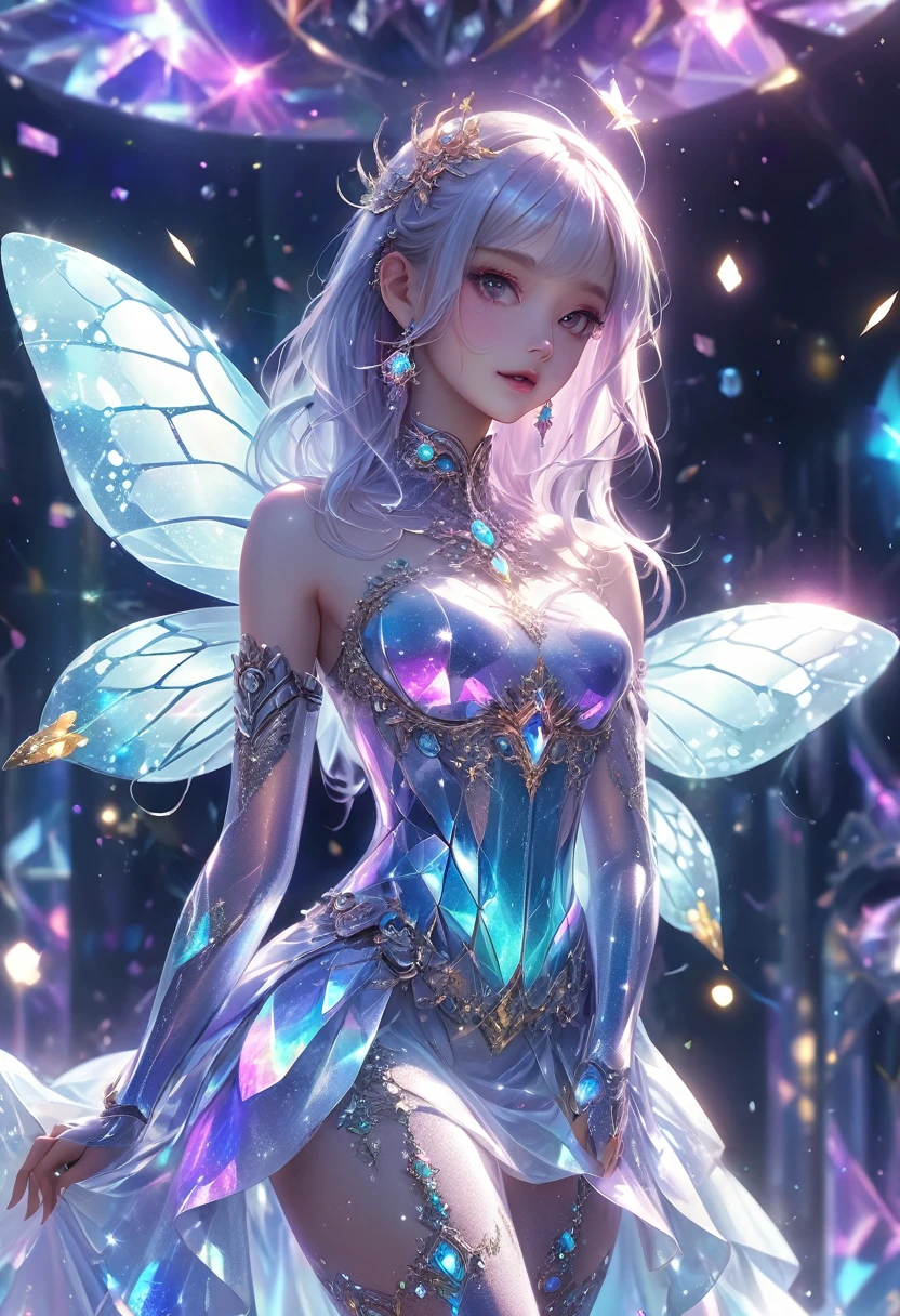 crystal covered, (Full body :1.3), alternate color, masterpiece, detailed illustration, realistic, pixiv top quality, exquisite, {{{kawaii 1girl}}}, ultra beauties who fuse with machines, glitter beautiful female, Half of my body is made of machines, cinematic lighting, dynamic angle, dynamic pose, crystal world, depth of field,Shiny socks,Crystal stockings,Crystal high heels