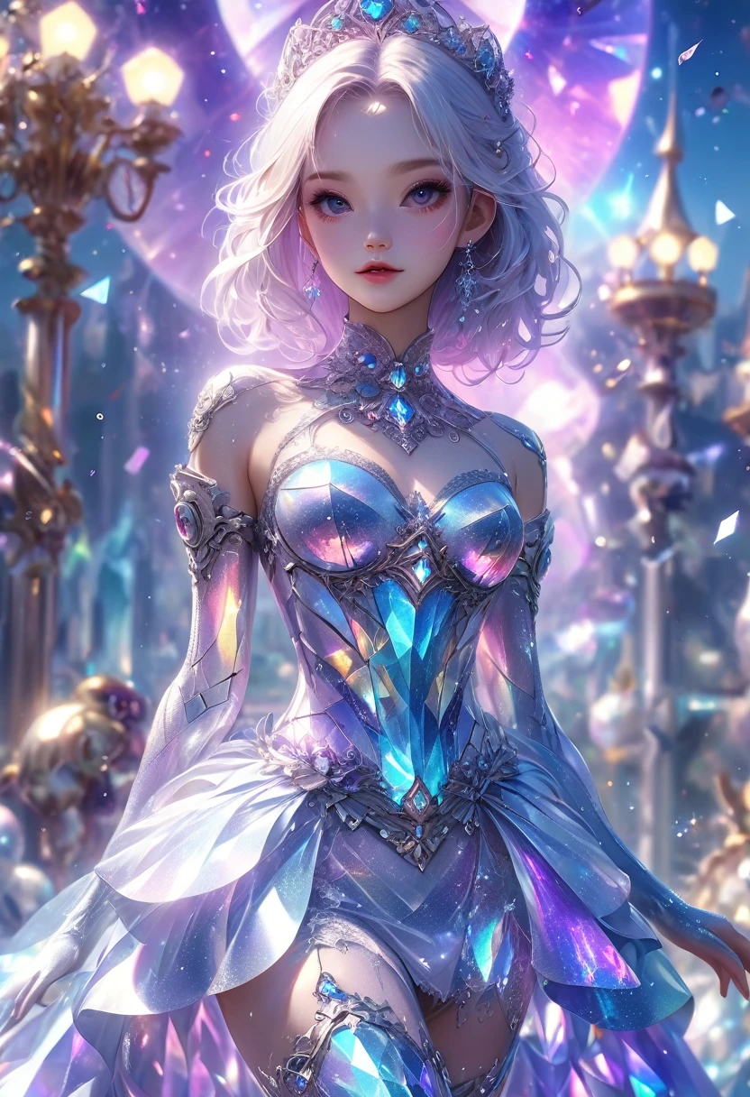 crystal covered, （Full body ：1.3）, alternate color, masterpiece, detailed illustration, realistic, pixiv top quality, exquisite, {{{kawaii 1girl}}}, ultra beauties who fuse with machines, glitter beautiful female, Half of my body is made of machines, cinematic lighting, dynamic angle, dynamic pose, crystal world, depth of field，Shiny socks，Crystal stockings，Crystal high heels

