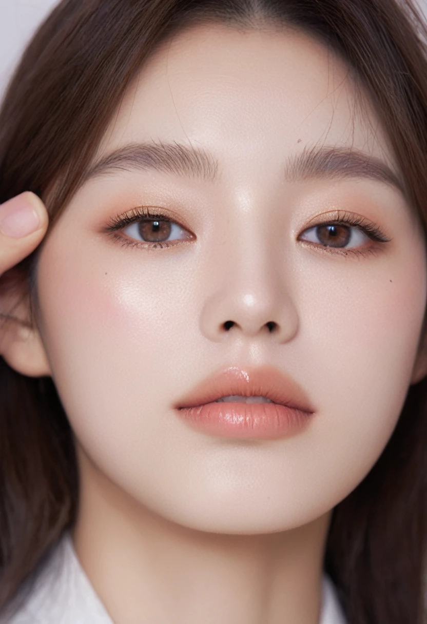 supermodel face, wide angle, front photo, (Photorealsitic)、(intricate detailes:1.2)、(masterpiece、:1.3)、beauty face, (top-quality:1.4)、(超A high resolution:1.2)、超A high resolution、(A detailed eye)、(detailed facial features), ((Realistic lighting、top-quality、8K、natural light, masterpiece:1.3))、bright photo, Clear focus:1.2、1girl in、flawless beauty:1.4、Superfine Face、big Narrow-eyed、double eyelid、photos realistic, perfect eyes, perfect skin, detailed skin, detailed face, looking viewer, front view, potrait, raw photo, simple soft white background, (intricate detailed skin textured:1.4) front view, looking viewer, clear face, 1 girl、porate、Bright and very beautiful face、beautiful girl, A stunning close-up portrait showcasing the beauty of a Korean model. The composition features soft, natural lighting , bright eyes, and striking cheekbones. Her glossy, The background is simply white background, wear sweetshirt, neat hair, long hair, instagram model, profil picture, bright and natural