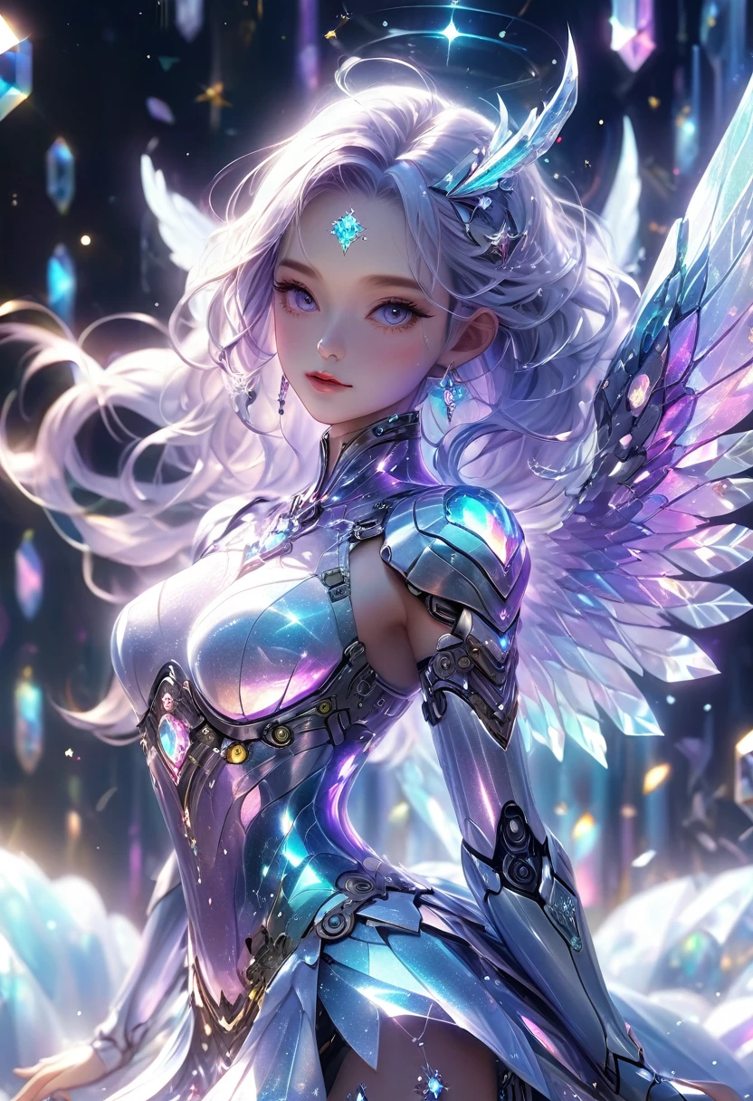 crystal covered, （Full body ：1.3）, alternate color, masterpiece, detailed illustration, realistic, pixiv top quality, exquisite, {{{kawaii 1girl}}}, ultra beauties who fuse with machines, glitter beautiful female, Half of my body is made of machines, cinematic lighting, dynamic angle, dynamic pose, crystal world, depth of field，Shiny socks，Crystal stockings，Crystal high heels
