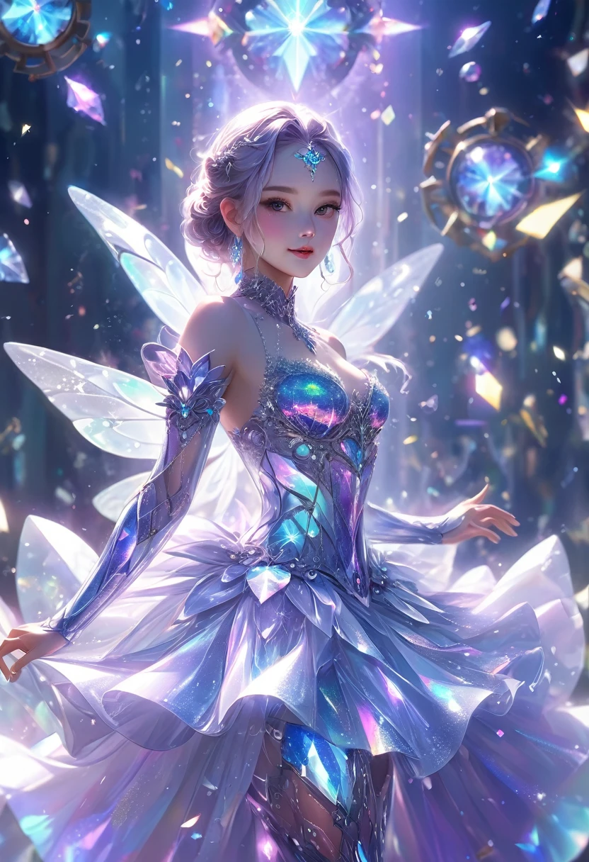 crystal covered, （Full body ：1.3）, alternate color, masterpiece, detailed illustration, realistic, pixiv top quality, exquisite, {{{kawaii 1girl}}}, ultra beauties who fuse with machines, glitter beautiful female, Half of my body is made of machines, cinematic lighting, dynamic angle, dynamic pose, crystal world, depth of field，Shiny socks，Crystal stockings，Crystal high heels
