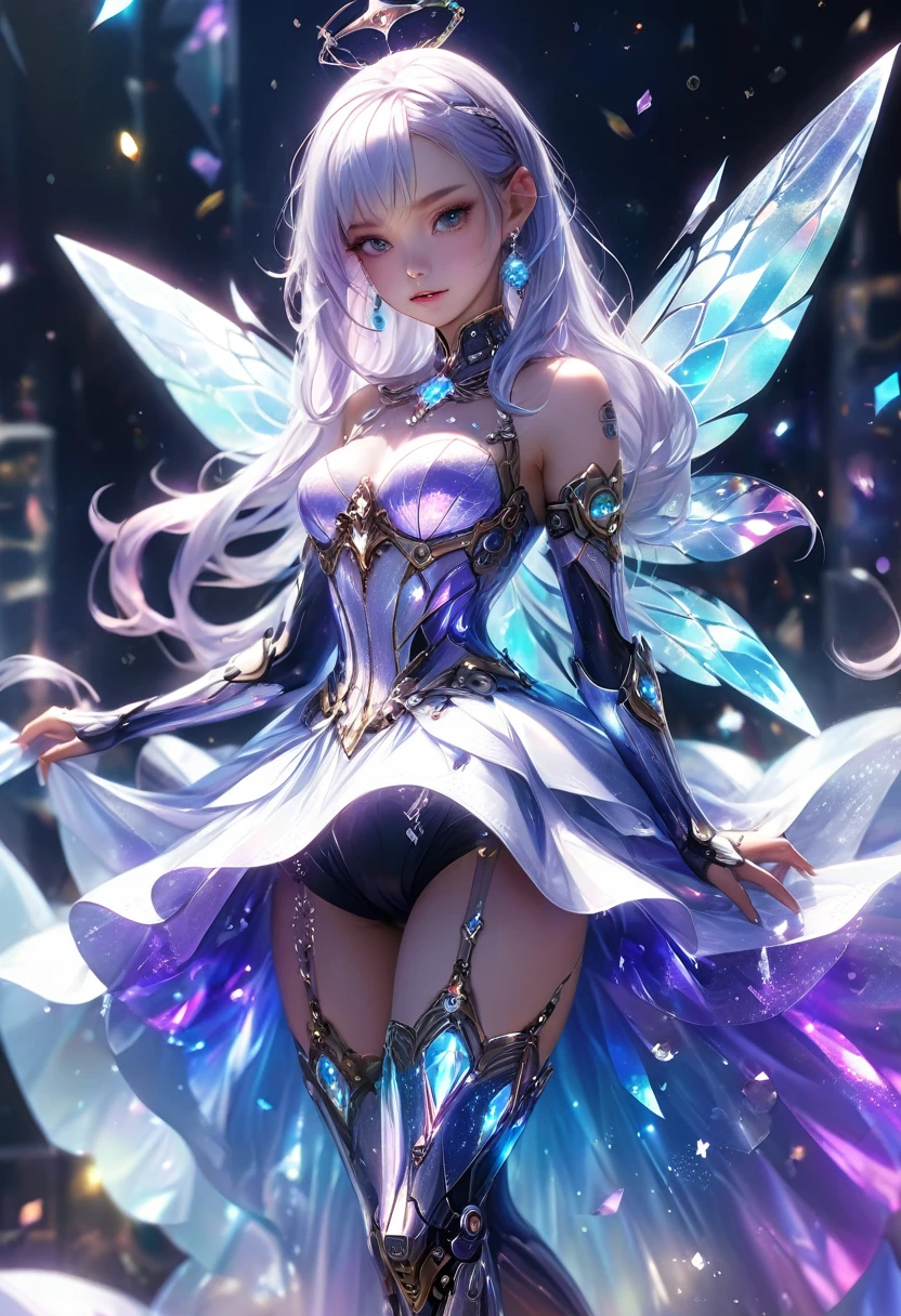 crystal covered, （Full body ：1.3）, alternate color, masterpiece, detailed illustration, realistic, pixiv top quality, exquisite, {{{kawaii 1girl}}}, ultra beauties who fuse with machines, glitter beautiful female, Half of my body is made of machines, cinematic lighting, dynamic angle, dynamic pose, crystal world, depth of field，Shiny socks，Crystal stockings，Crystal high heels
