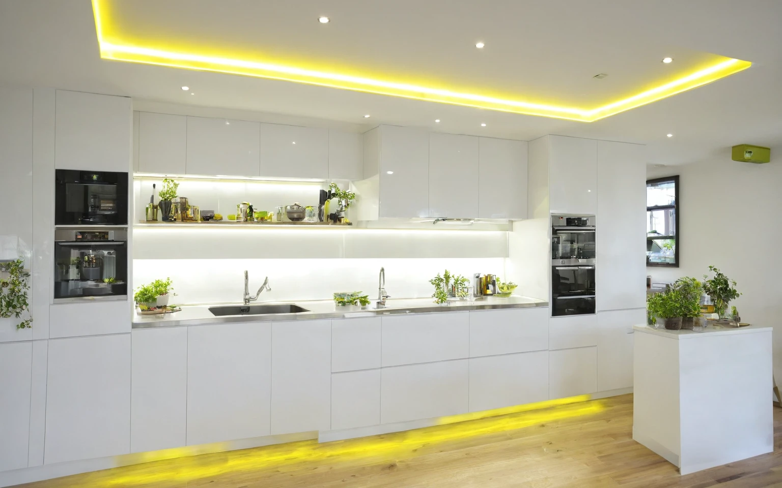 modern kitchen, yellow recessed led lights,