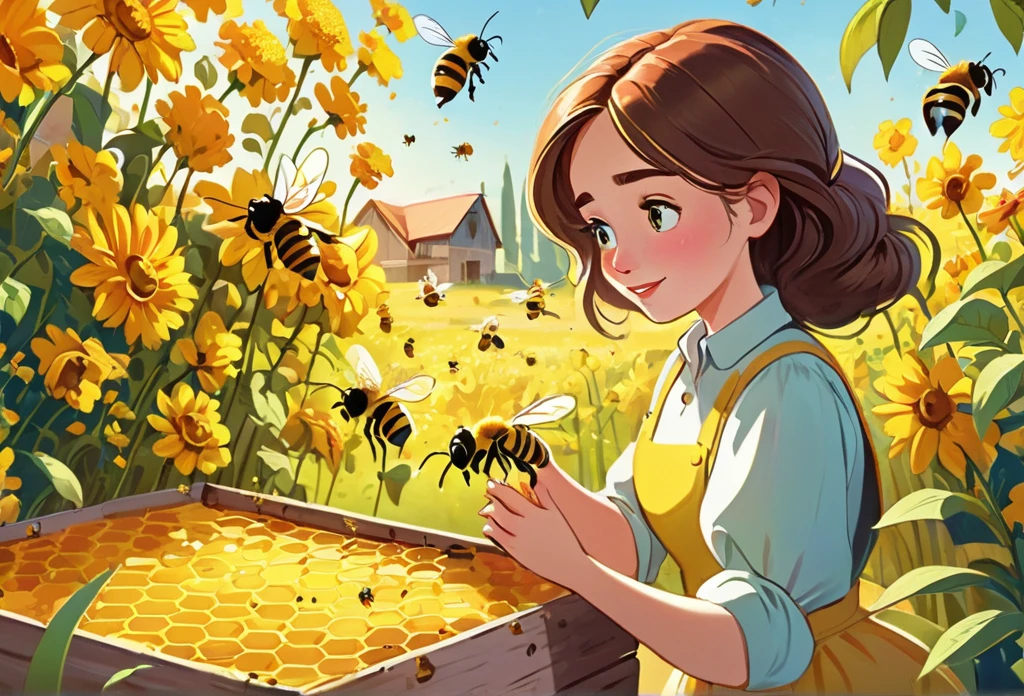 A lady taking care a bees in a bee farm, (masterpiece best quality:1.2) delicate illustration ultra-detailed, (disney-related event) out door farm, detailed background, illustrations, bright, colourful,