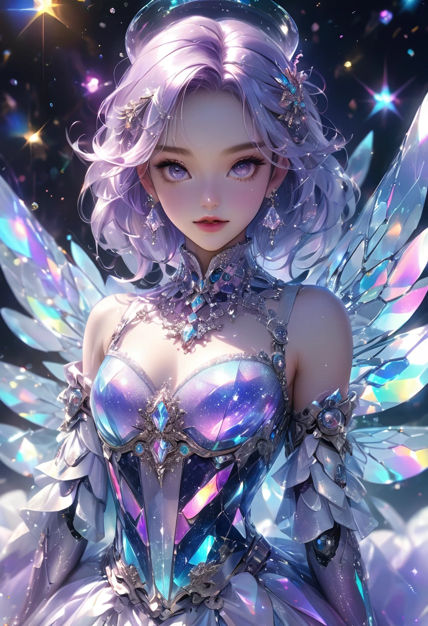 crystal covered, (Full body :1.3), alternate color, masterpiece, detailed illustration, realistic, pixiv top quality, exquisite, {{{kawaii 1girl}}}, ultra beauties who fuse with machines, glitter beautiful female, Half of my body is made of machines, cinematic lighting, dynamic angle, dynamic pose, crystal world, depth of field,Shiny socks,Crystal stockings,Crystal high heels