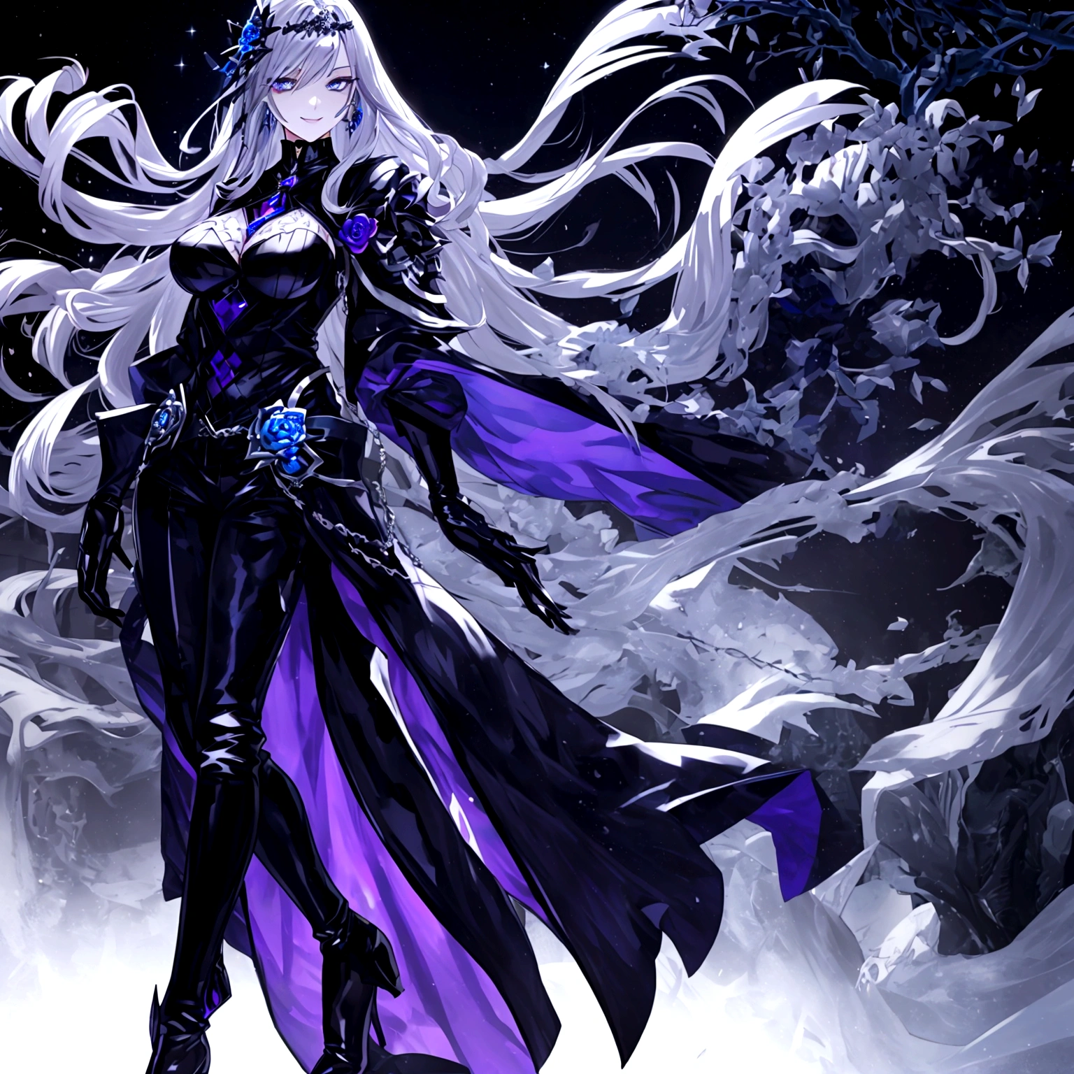 Nemesis, long white hair, purple galaxy eyes, warrior with armor suit, wear half mask, dark shadow, has a long sword, general