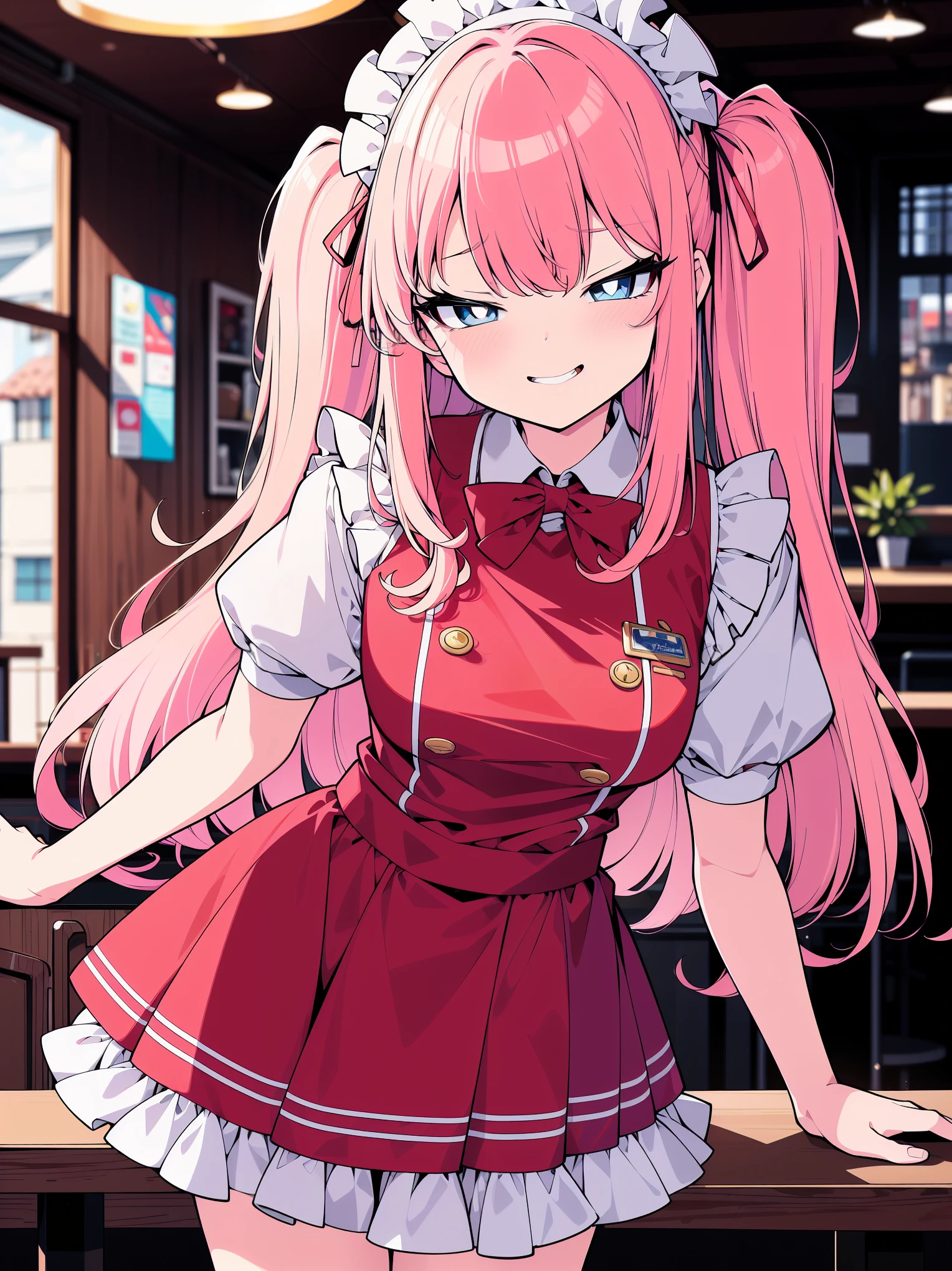 (Cowboy shot), colorful, (best quality, ultra-high resolution, depth of field:1.2), 1woman, (pink hair), twin-tails (blue eyes), bright pupils, (medium breasts), light red maid uniform, (wearing a light red maid uniform:1.3), frills, maid headdress, maid apron, (cafe scenery), squinting, (grinning), seductive smile, (((slightly leaning forwards))), tilting head
