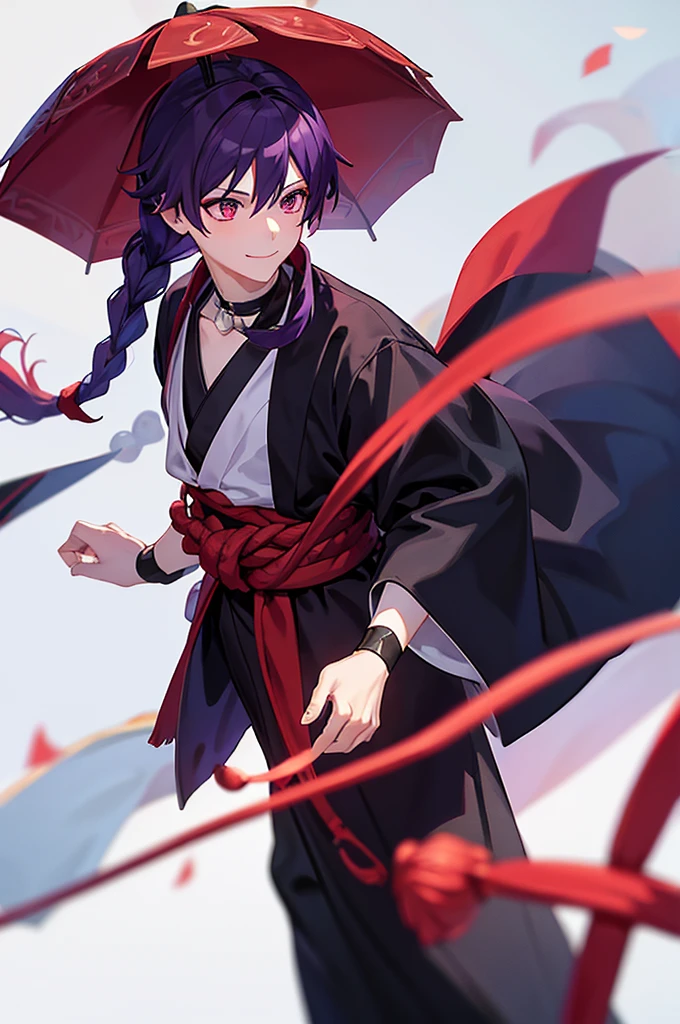 Purple Hair、Red eyes、White background、Anime characters、Knot、Braid、A man wearing a black robe、Smiling young man、Man standing facing forward、A boy standing with a red umbrella、（White background）、{{masterpiece}}, The best quality of life