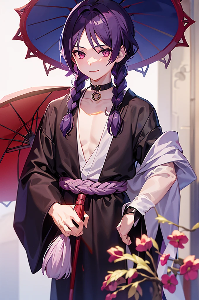 Purple Hair、Red eyes、White background、Anime characters、Knot、Braid、A man wearing a black robe、Smiling young man、Man standing facing forward、A boy standing with a red umbrella、（White background）、{{masterpiece}}, The best quality of life