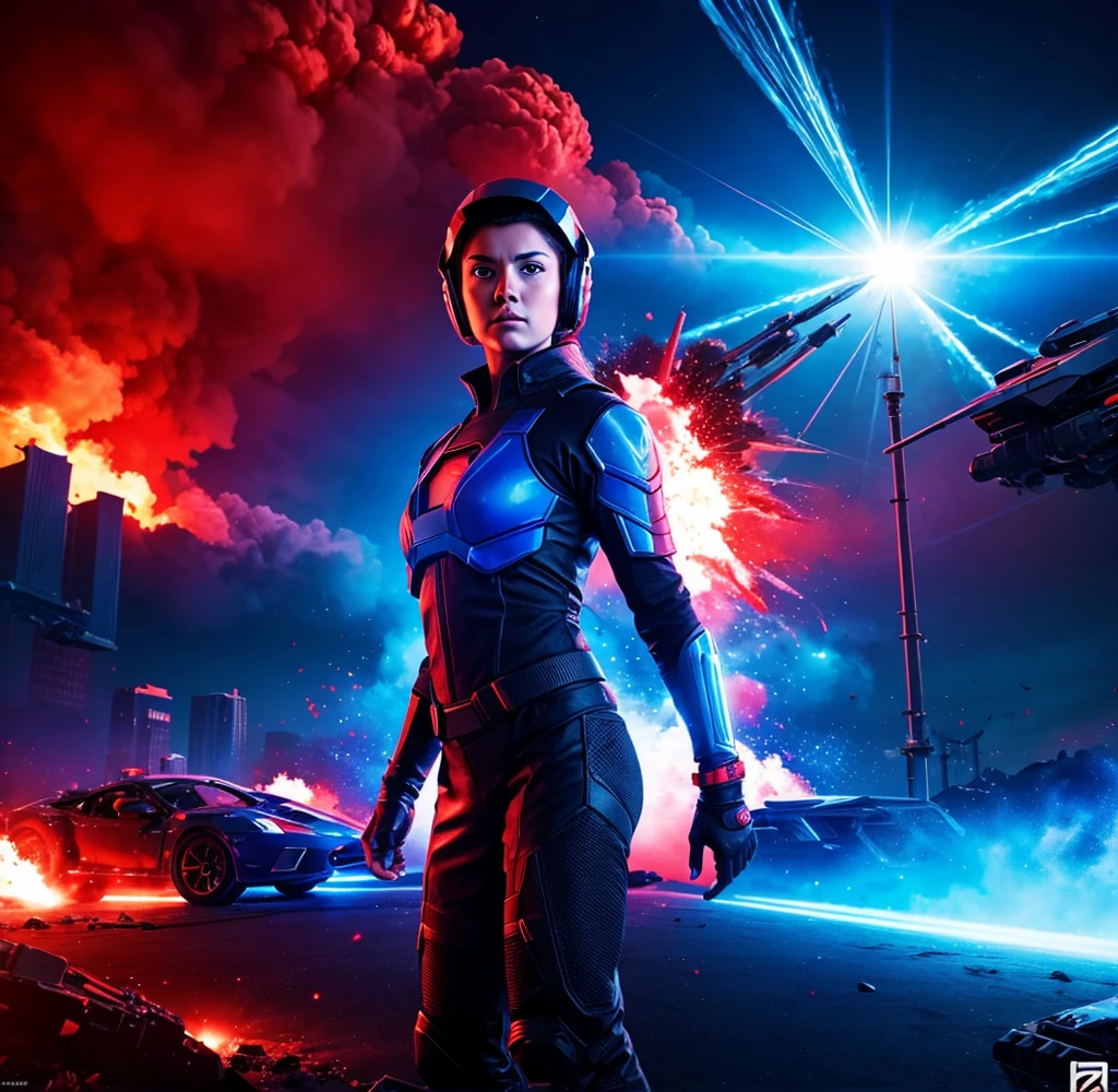 an rgb blue and red background for a sci fi action movie poster with explosion behind it