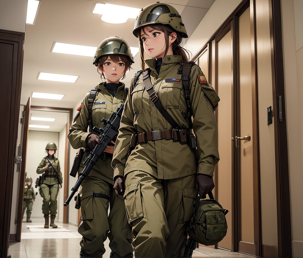 A group of female soldiers in light brown military uniforms、Full helmet、Military Pants、Individual equipment set、Patrolling the corridors、Write details、masterpiece、best quality、Highly detailed CG、8K picture quality