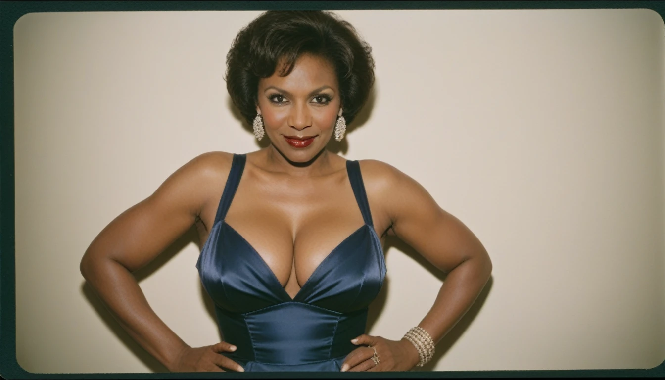 AnalogRedmAF Polaroid (Closeup), African american mature woman (Busty, Cleavage), Short hair - Bending Down over Camera - revealing Cleavage, Wearing Long Satin Peplum Dress (tight),1987