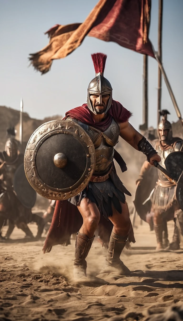 Illustrate a Spartan warrior holding a spear and shield, ready for battle, hyper realistic, ultra detailed hyper realistic, photorealistic, Studio Lighting, reflections, dynamic pose, Cinematic, Color Grading, Photography, Shot on 50mm lens, Ultra-Wide Angle, Depth of Field, hyper-detailed, beautifully color, 8k