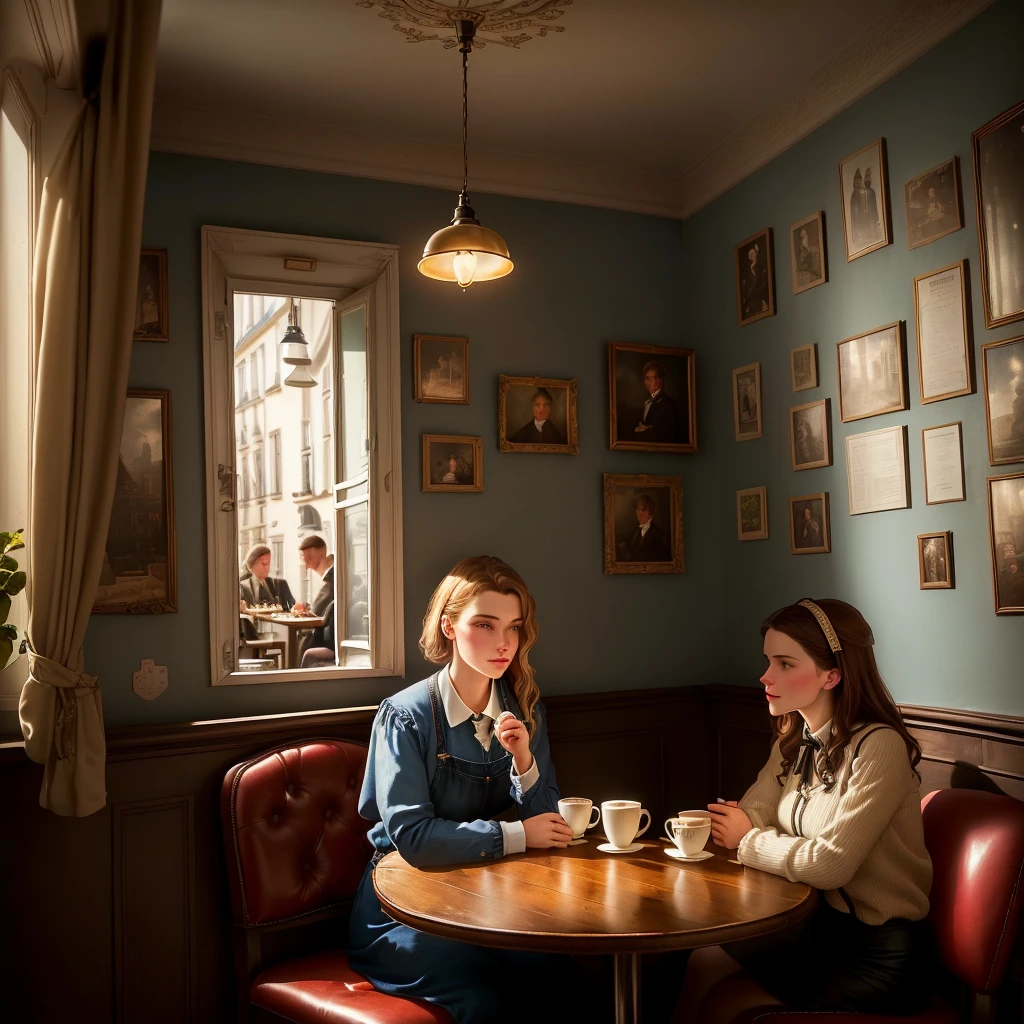 there is a room with tables and chairs and pictures on the walls, cafe interior, inside a french cafe, nostalgic atmosphere, by Konrad Witz, by Eugeniusz Zak, coffee shop, pleasant cozy atmosphere, by Alexander Bogen, diner caffee, dreamy atmosphere and drama, cosy atmosphere, by Micha Klein, small hipster coffee shop, cafe